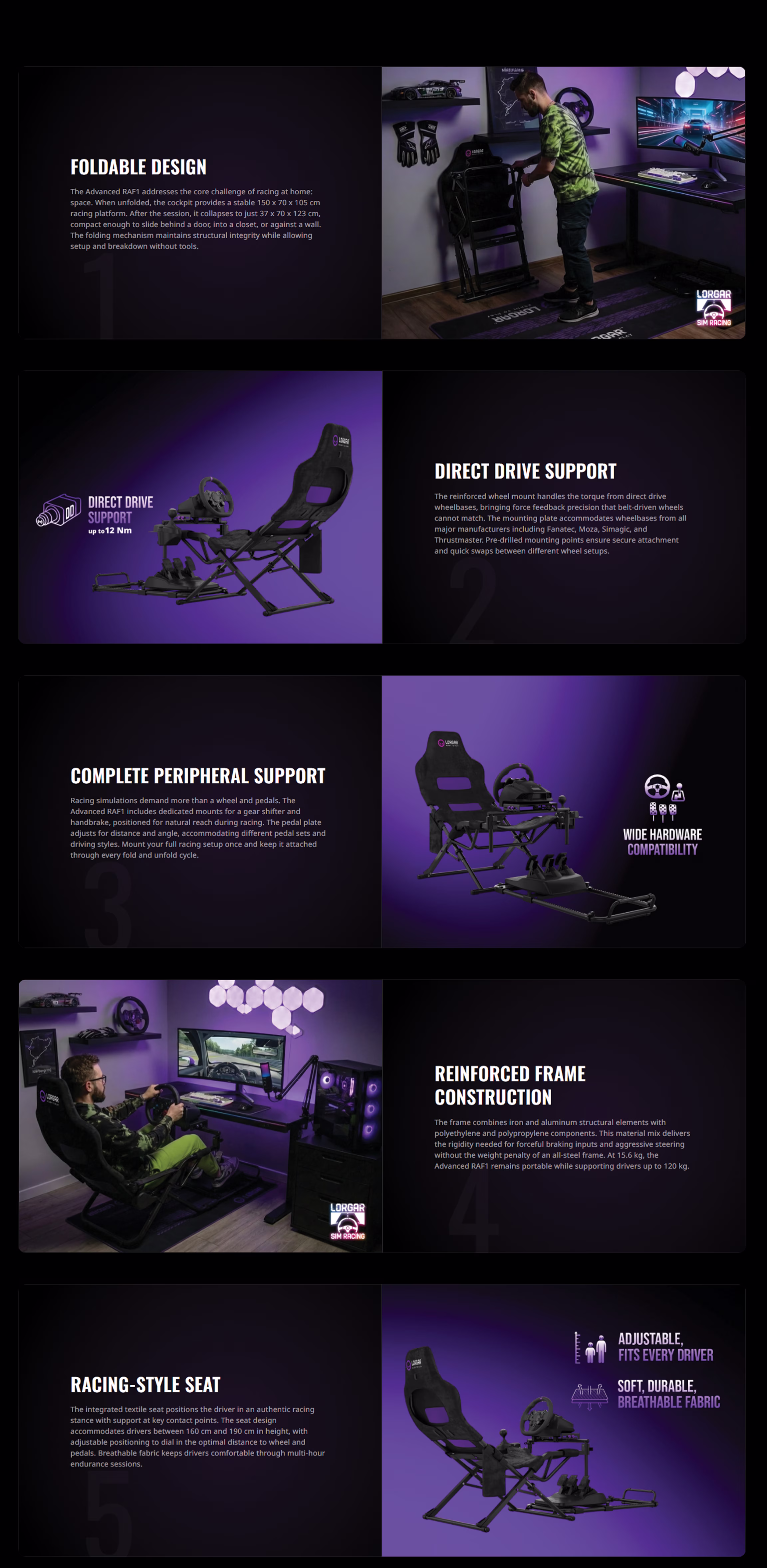alt="Lorgar Advanced Flex RAF1 foldable sim racing cockpit in black, showcasing its space-saving iron and aluminum frame, ergonomic textile racing seat, and dedicated mounts for direct drive steering wheels, pedals, and shifters