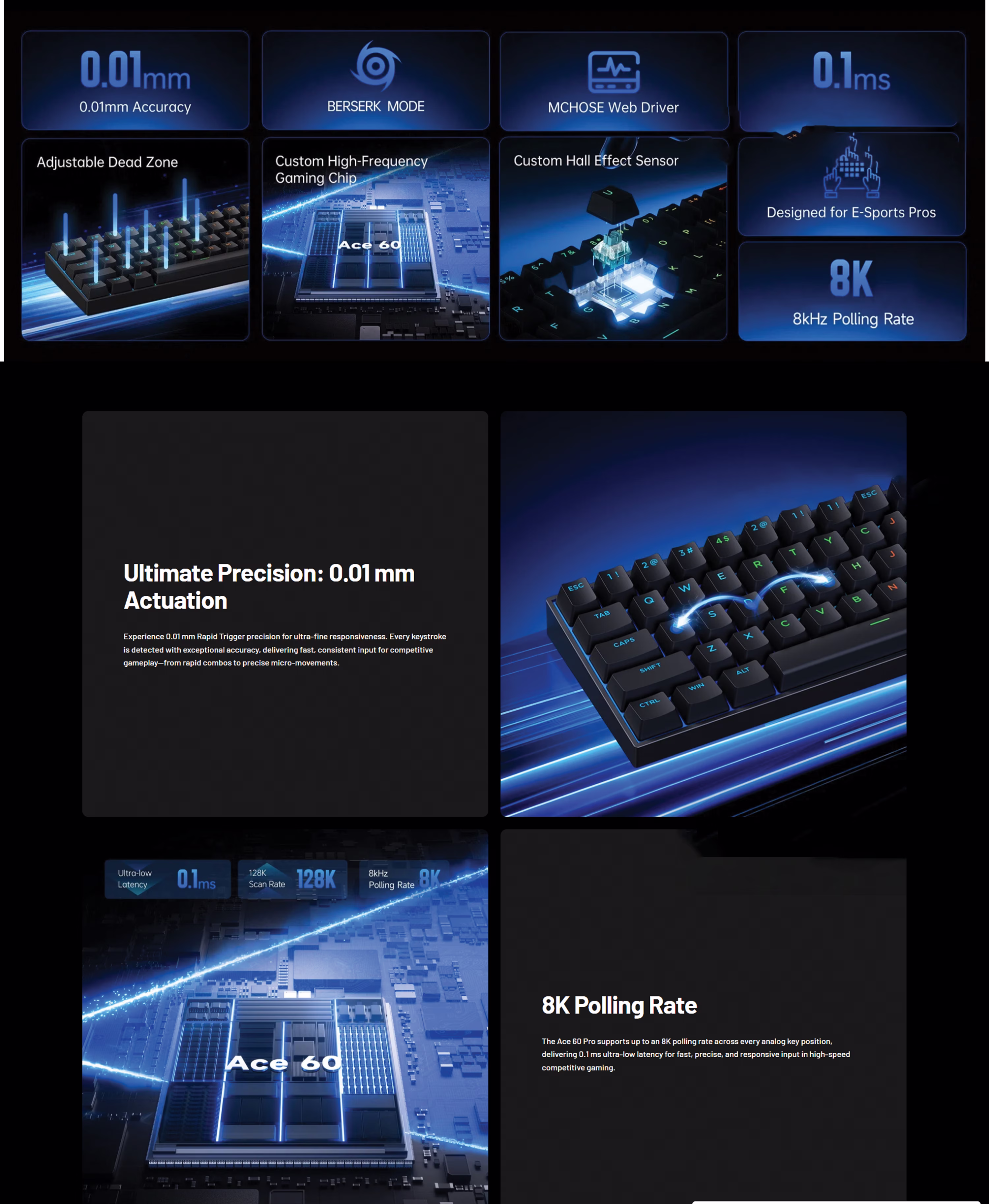 MCHOSE ACE60-7A PRO 60% RGB magnetic gaming keyboard in white showing the compact layout and dynamic lighting