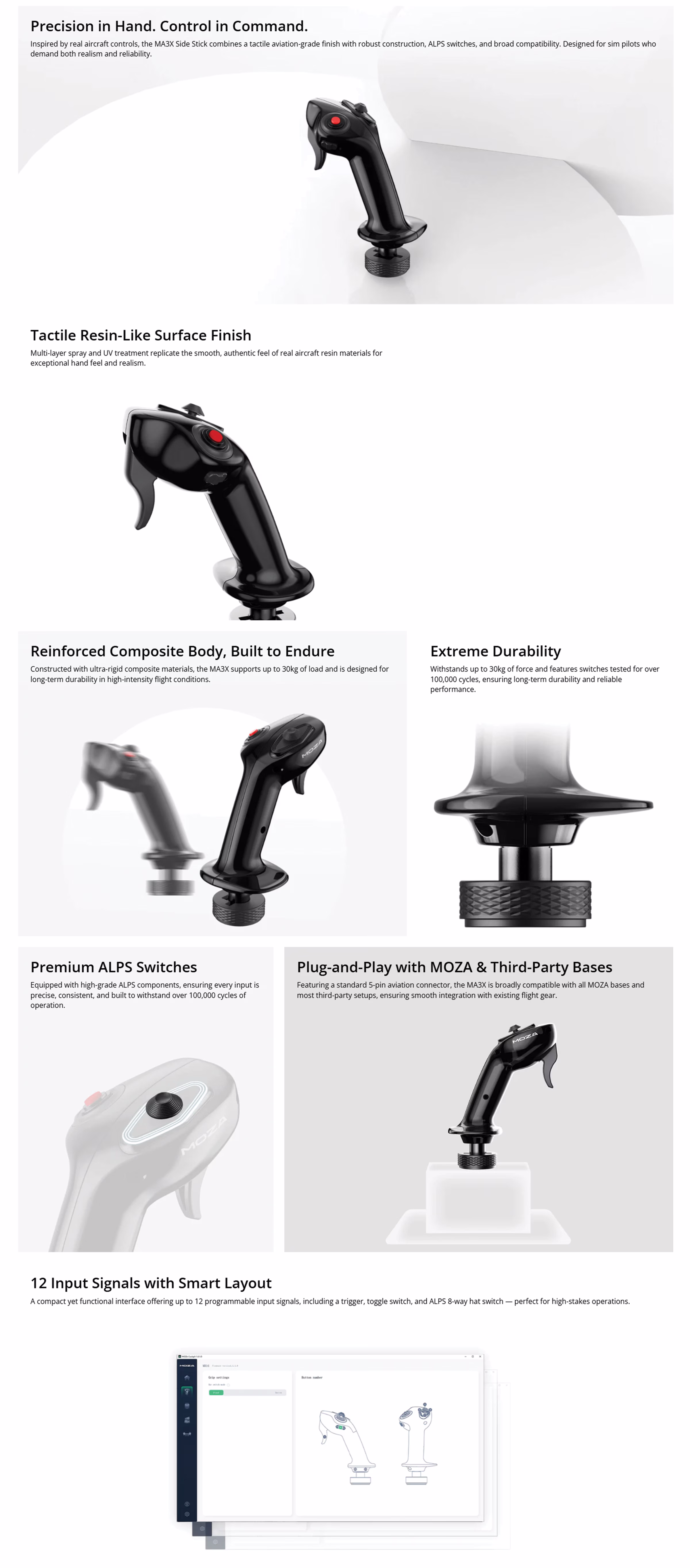 MOZA AS005 MA3X SideStick flight stick and base classic sidestick design lightweight high-strength material precision flight simulation controller professional Airbus military sim AS005