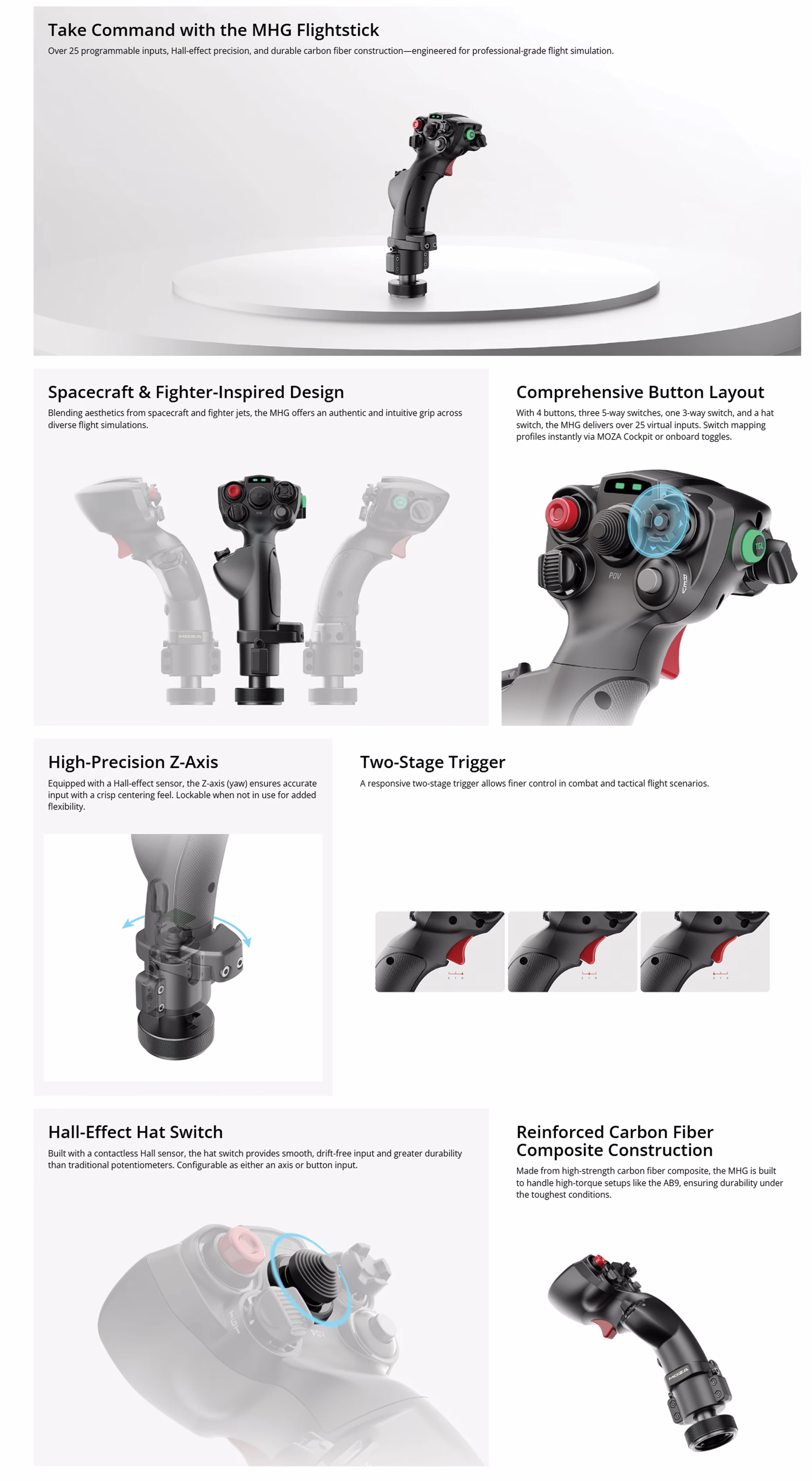 MOZA AS018 carbon fiber reinforced composite flight stick and base high rigidity low rotational inertia professional flight simulation joystick system AS018