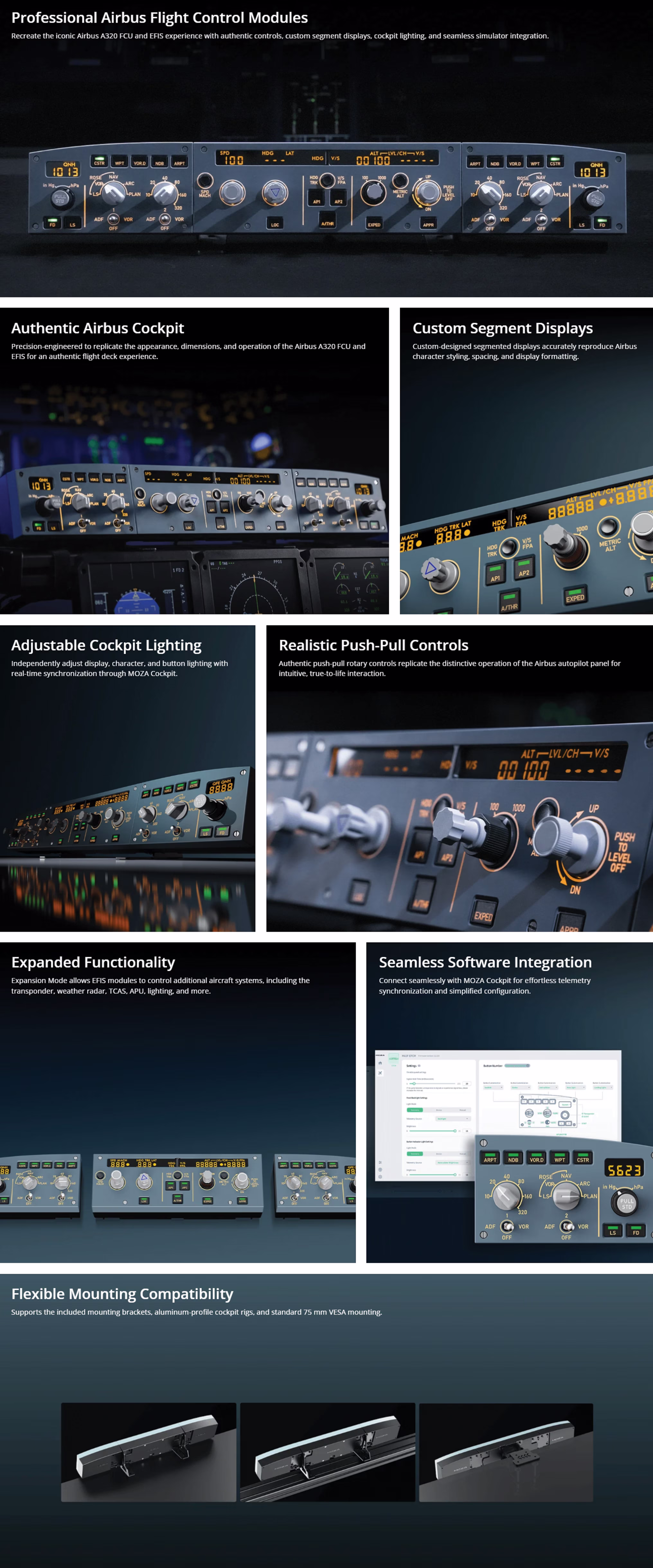 MOZA AS030 MA3F Electronic Flight Control Main Module replicating Airbus A320 FCU with Push-Pull Knobs