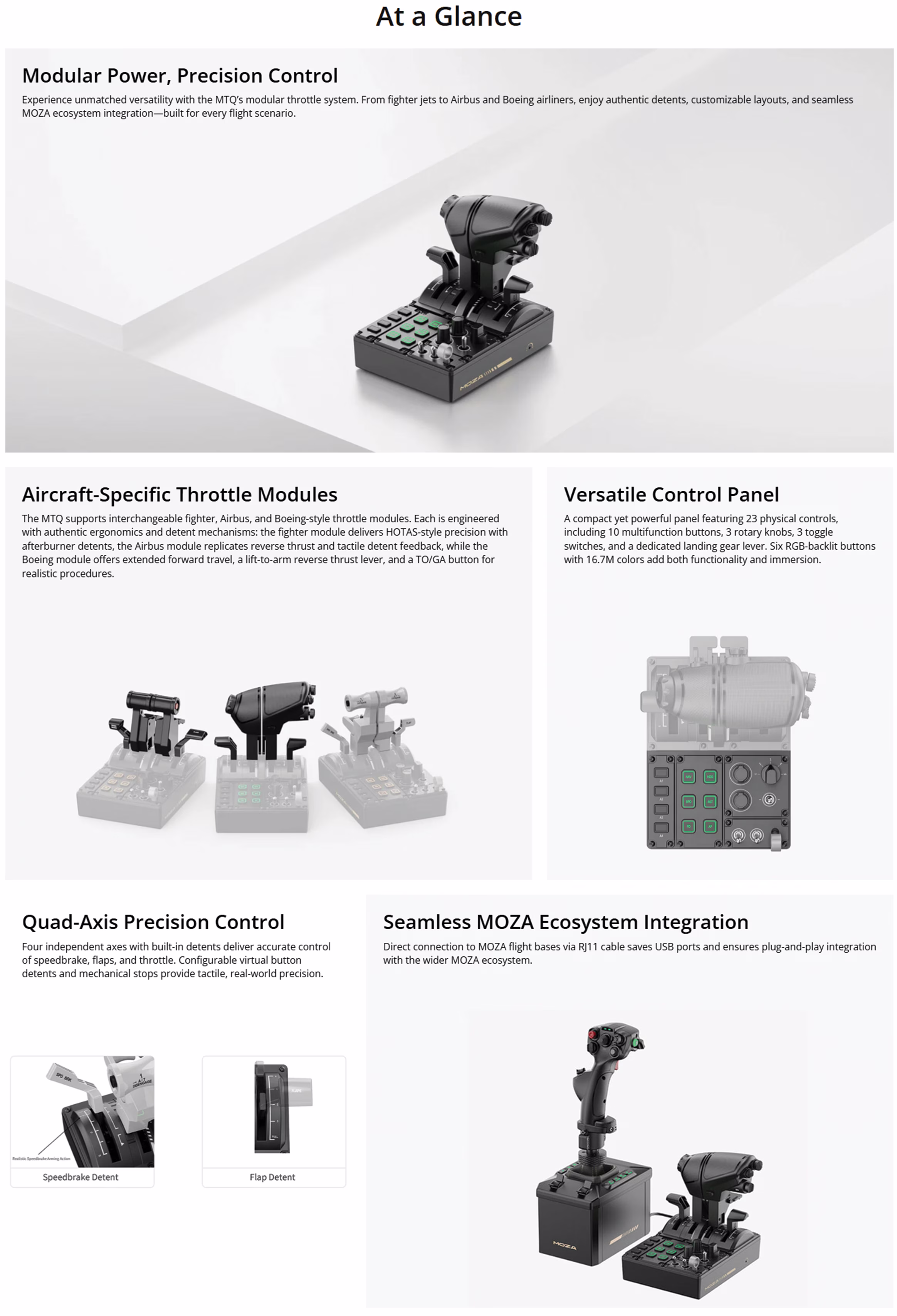 MOZA MTQ Throttle Quadrant AS014 – Quad-Axis Flight Simulator Throttle, Modular Grip System, RGB Telemetry Lighting, Precision Hall Sensors