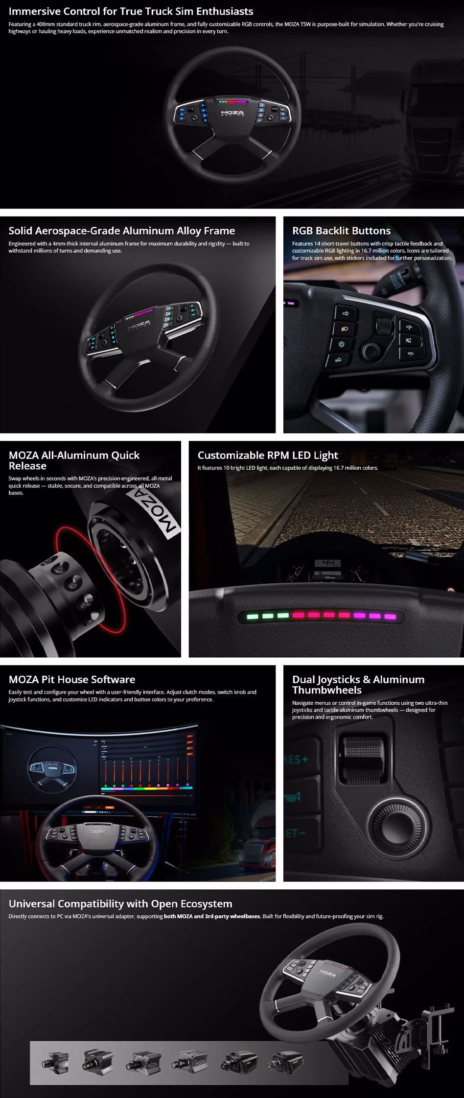 MOZA Racing RS060 TSW Truck Steering Wheel featuring a 400mm diameter, microfiber leather grip, and customizable RGB buttons.