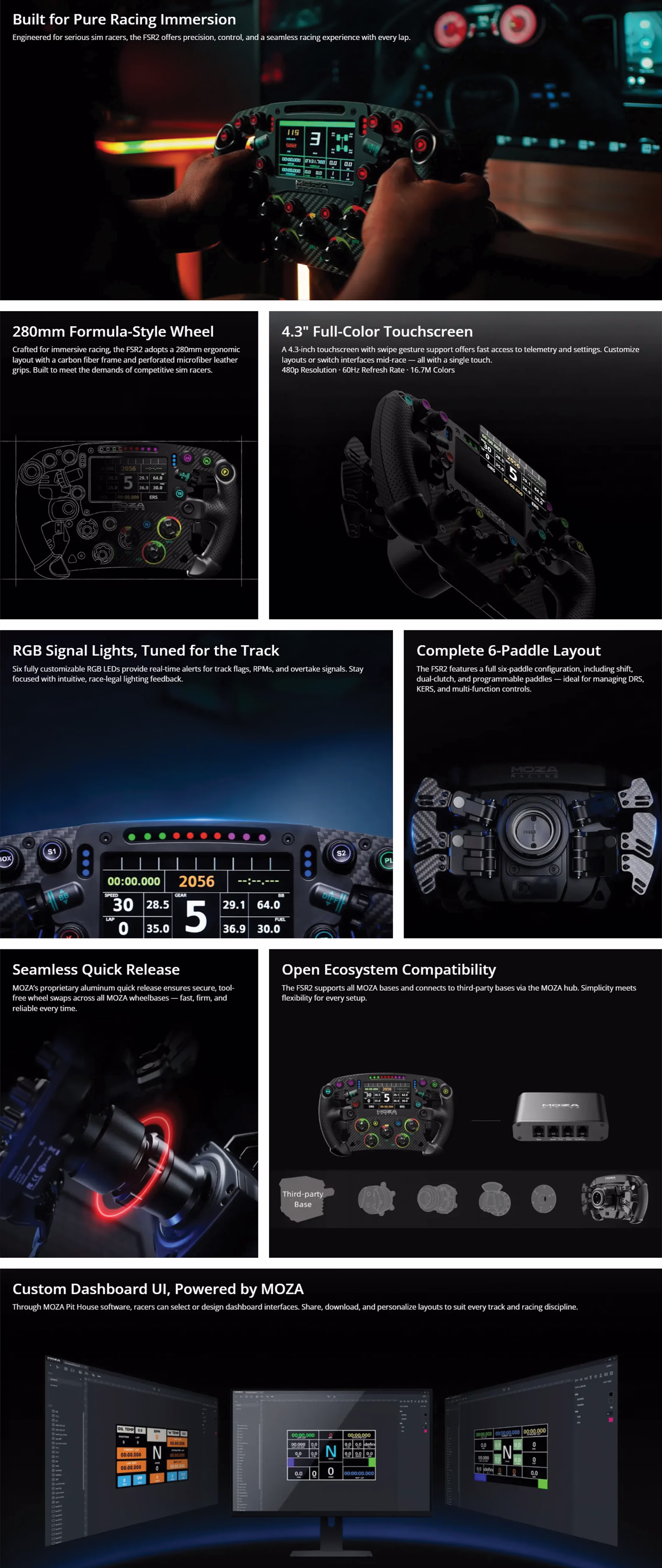 MOZA Racing RS068 FSR2 Formula steering wheel showing the 5mm carbon fiber faceplate, illuminated buttons, and vibrant 4.3-inch touchscreen dashboard