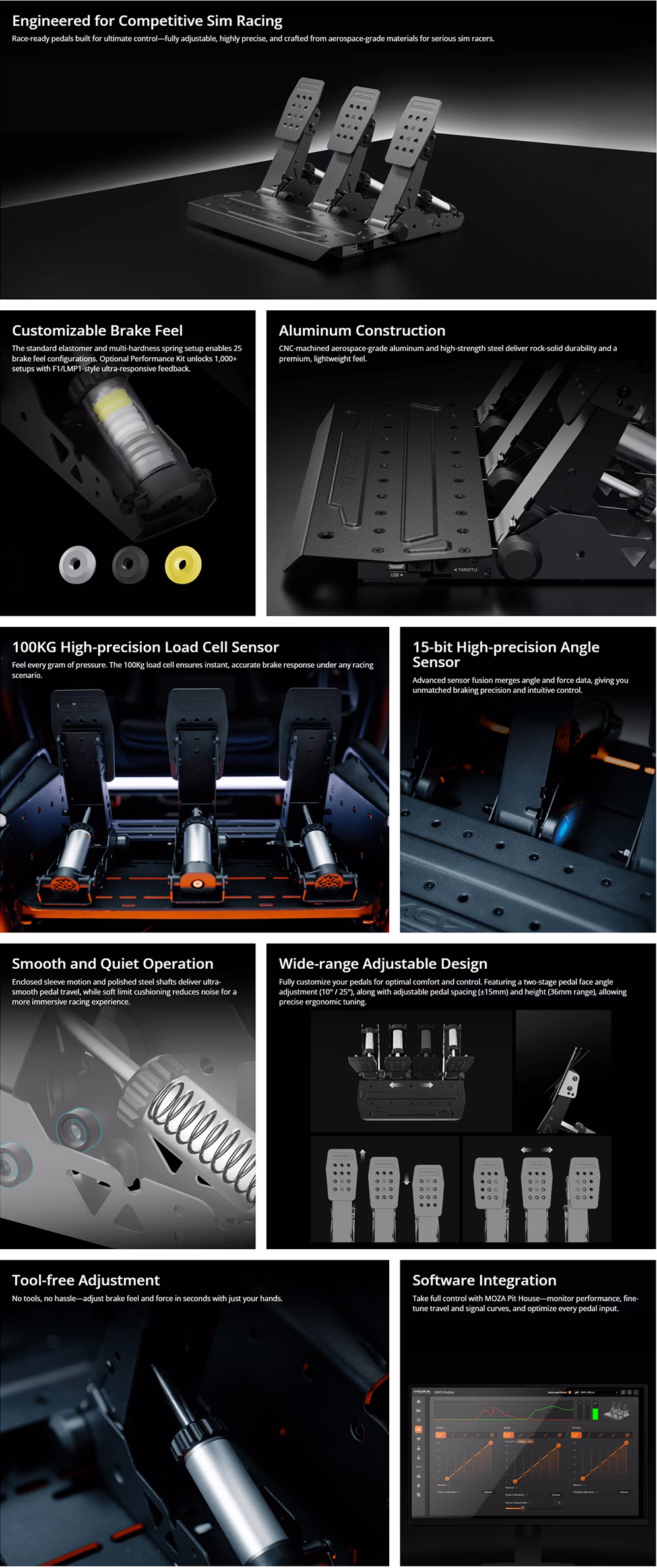 MOZA Racing SRP2 RS098 sim racing pedals featuring CNC aerospace aluminum construction, carbon fiber heel plate, and a 200KG load cell.