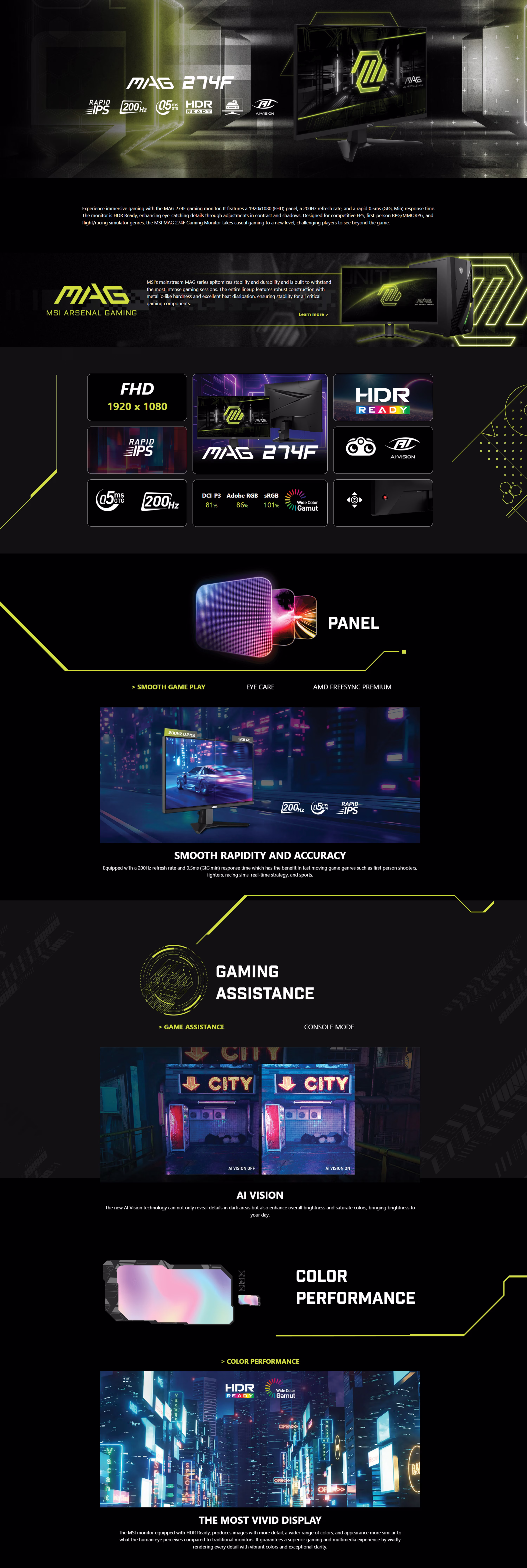 MSI MAG 274F 27-inch gaming monitor featuring a Rapid IPS panel, 200Hz overclocked refresh rate, and 0.5ms GtG response time.