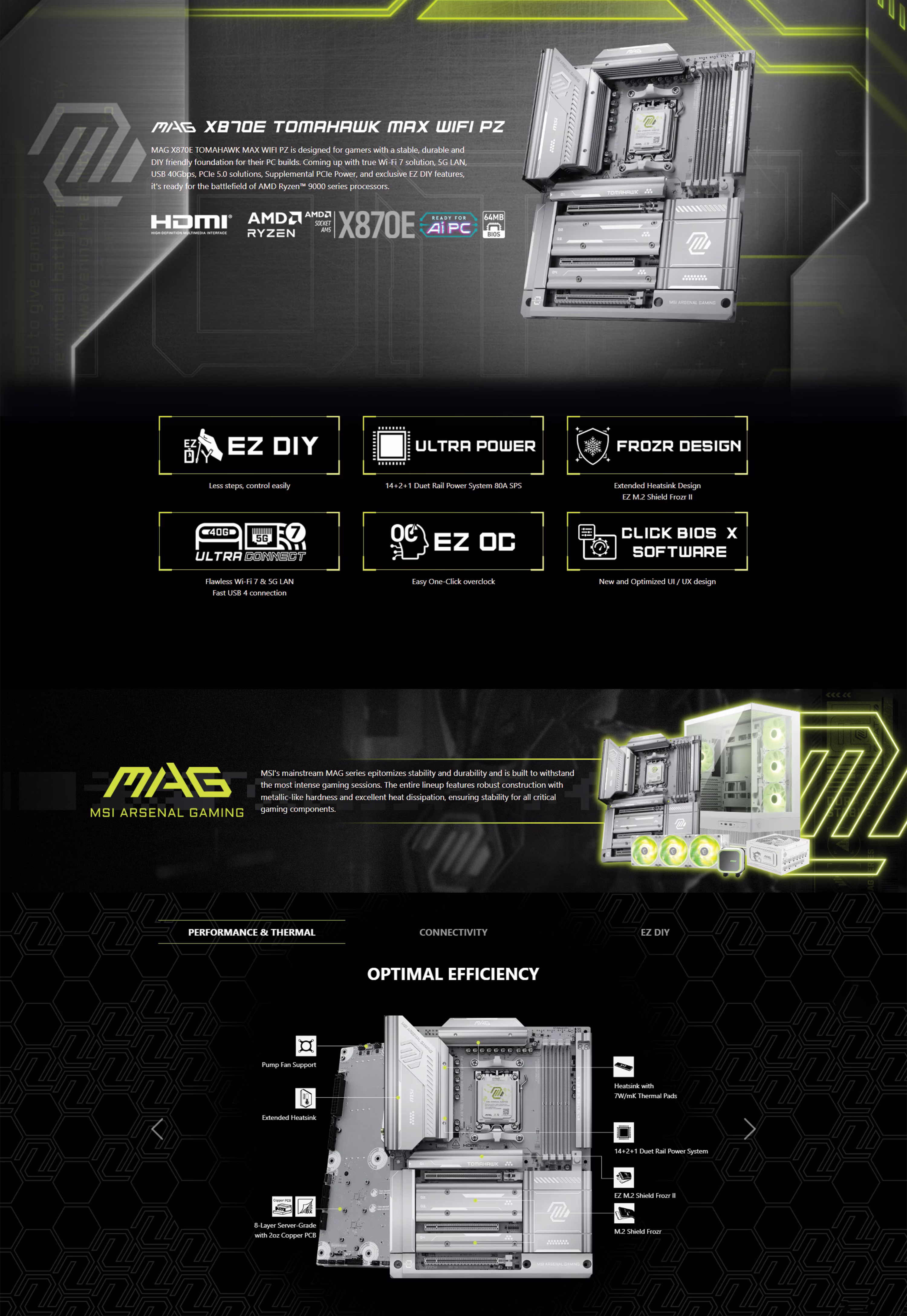 MSI MAG X870E TOMAHAWK MAX WIFI PZ motherboard showing the clean front face and AM5 socket.