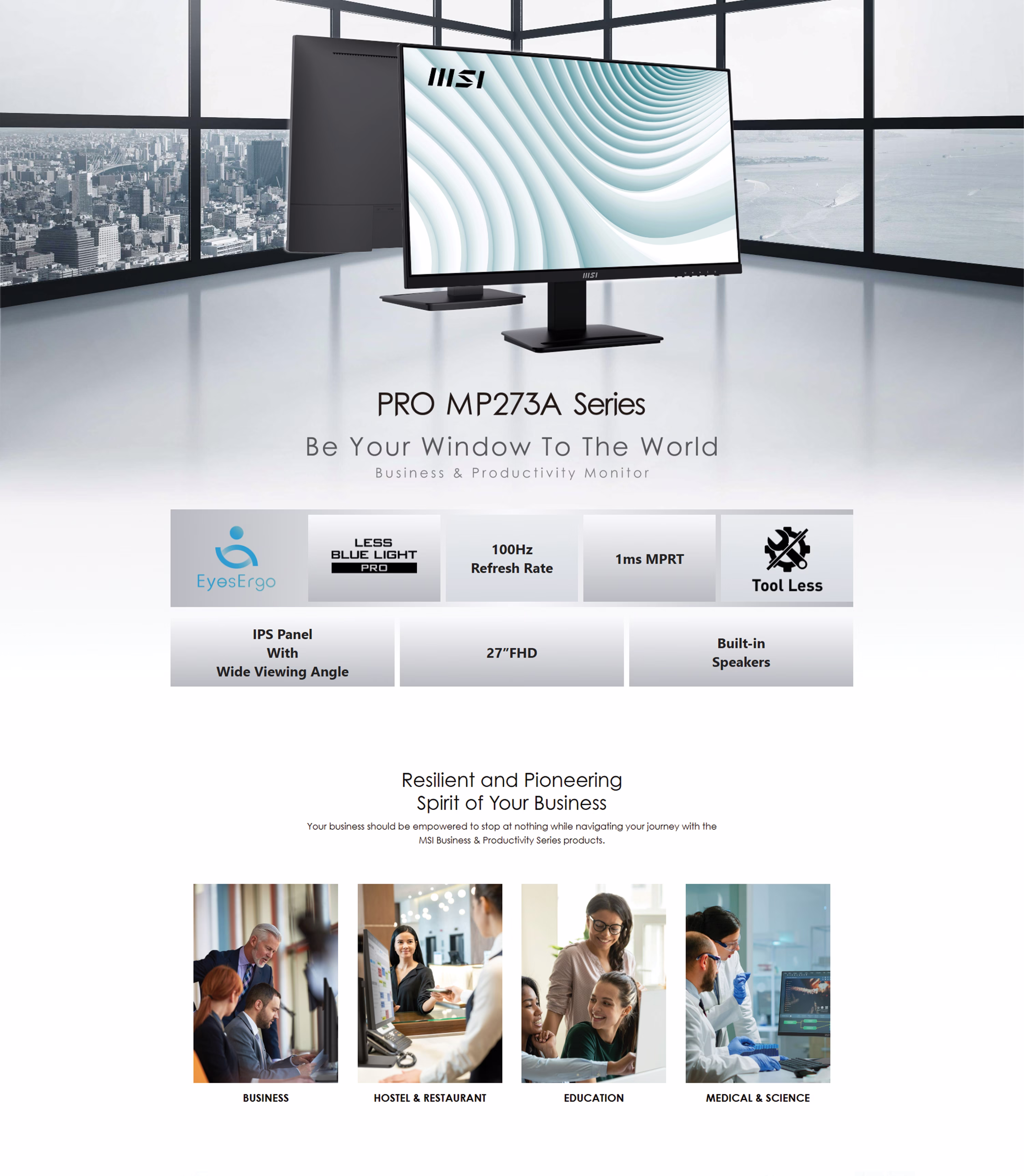 MSI PRO MP273A 27-inch 100Hz FHD IPS business monitor featuring Anti-Flicker Eye Care technology, slim bezels, and built-in speakers.