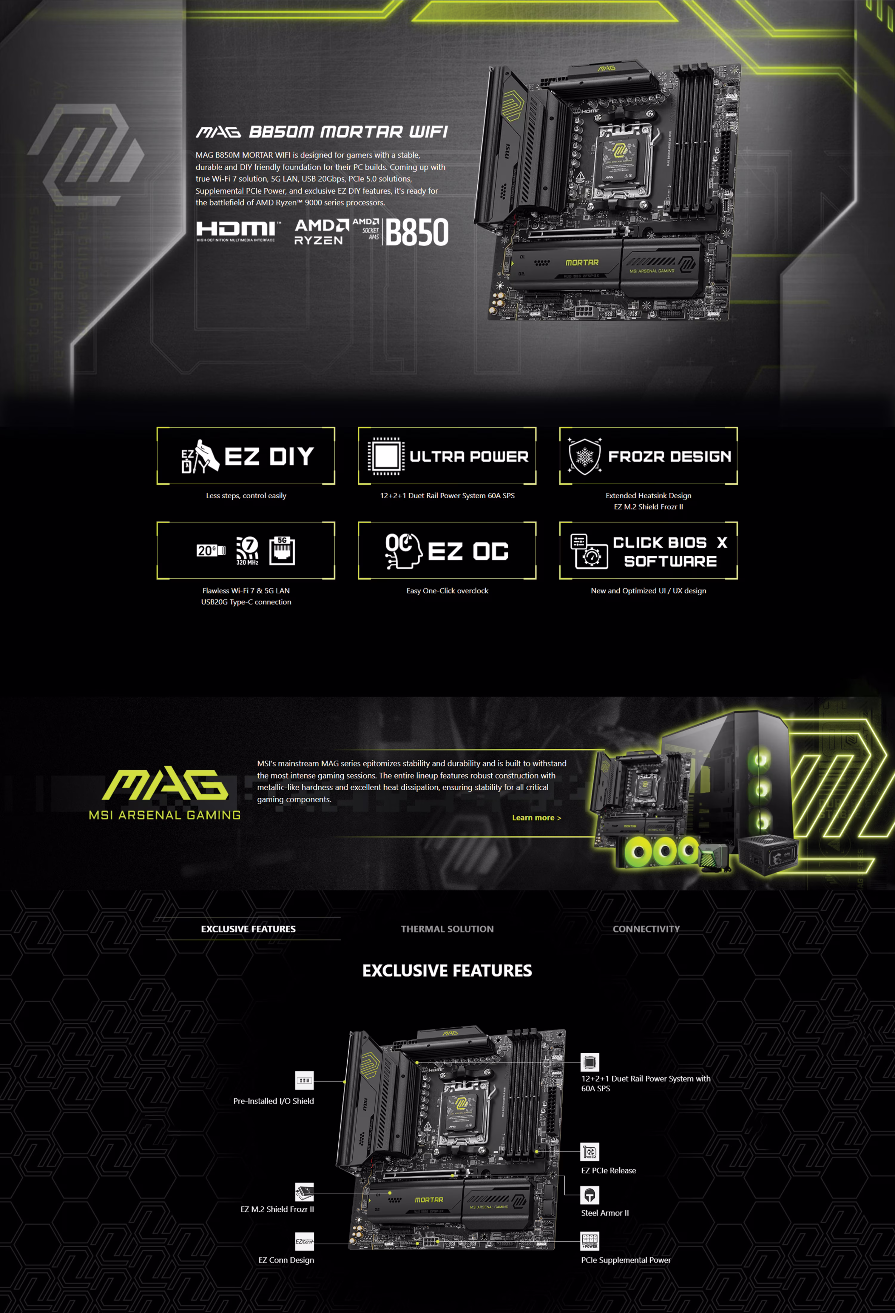 MSIMAGB850MMORTARWIFIAMDAM5SOCKETGAMINGMOTHERBOARDPCIE5G5GLANWIFI7DDR58200OC9117E61001UAE