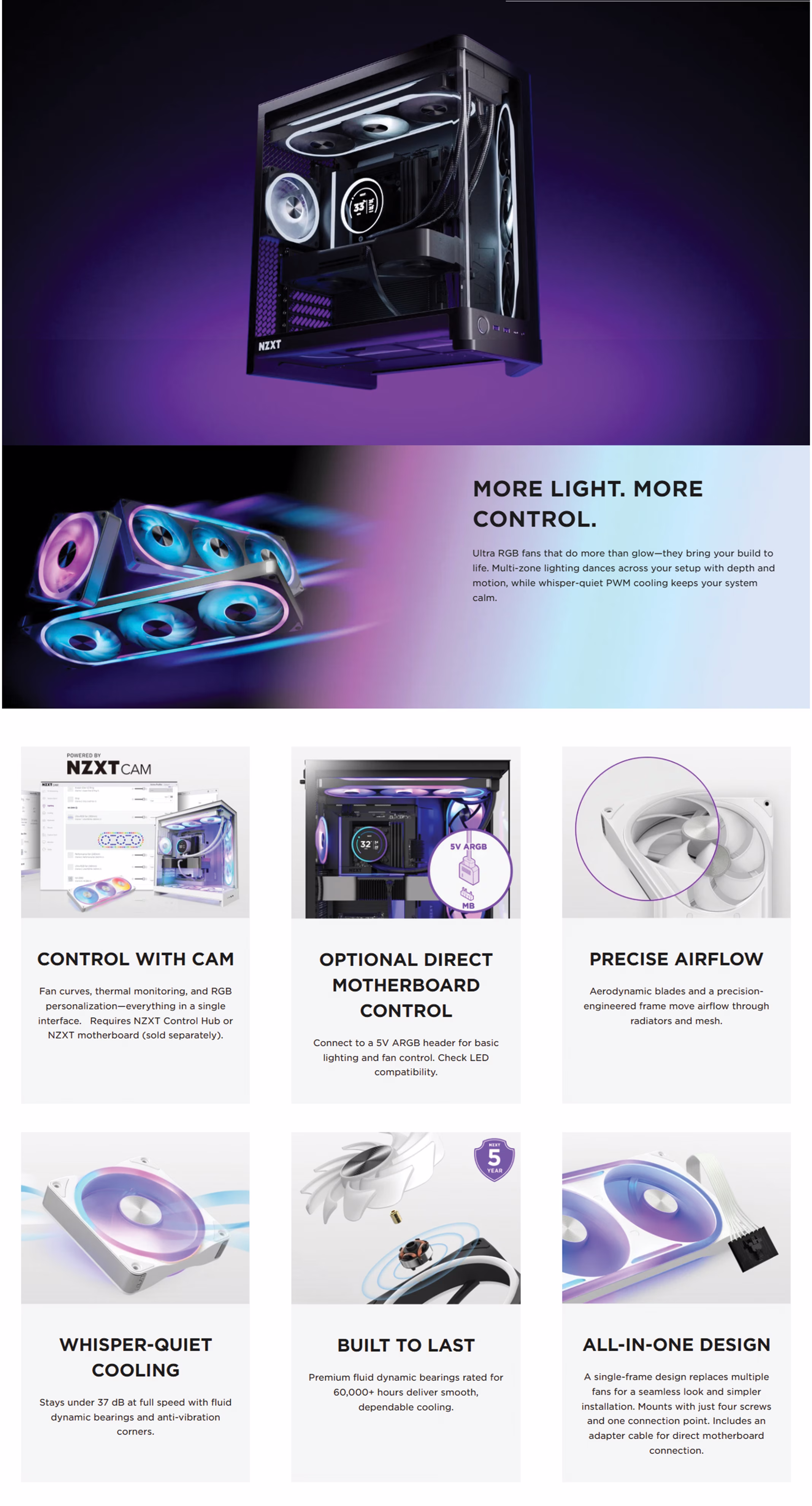 NZXT F360U Ultra RGB 360mm single-frame PWM gaming case fan in white with illuminated multi-zone RGB tracks