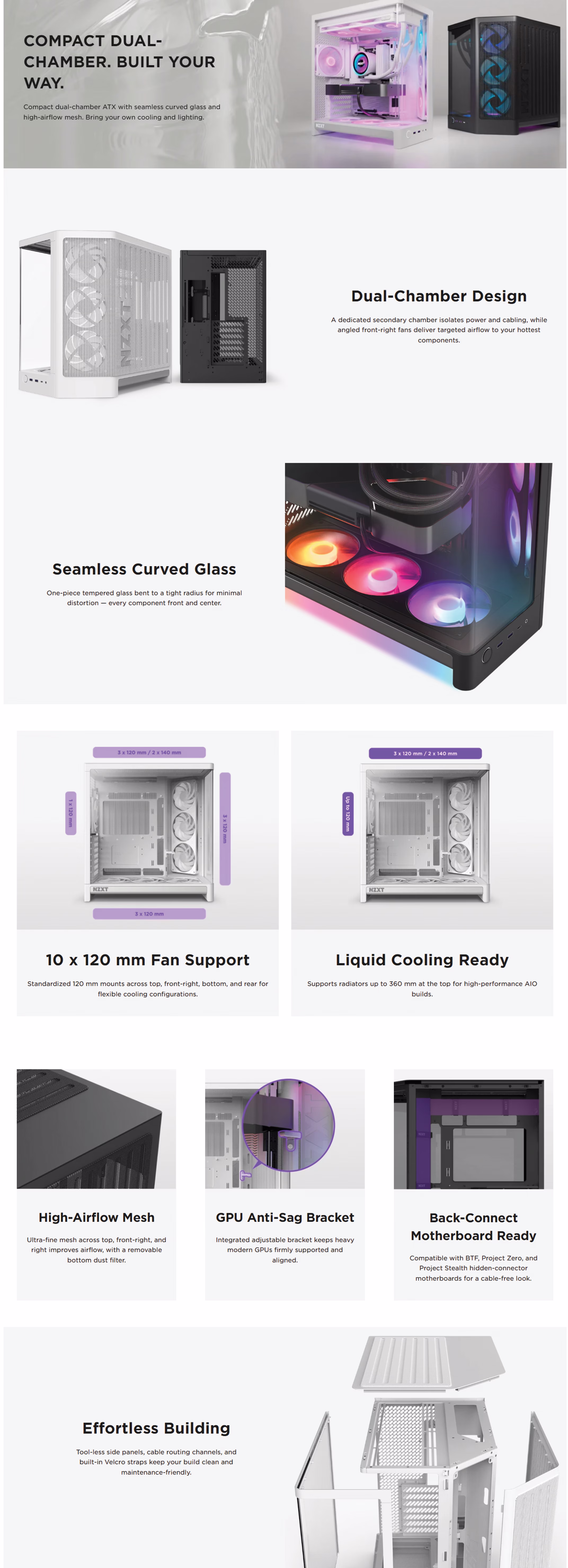 NZXT H6 Matte White compact dual-chamber mid-tower ATX gaming case displaying the curved tempered glass panel