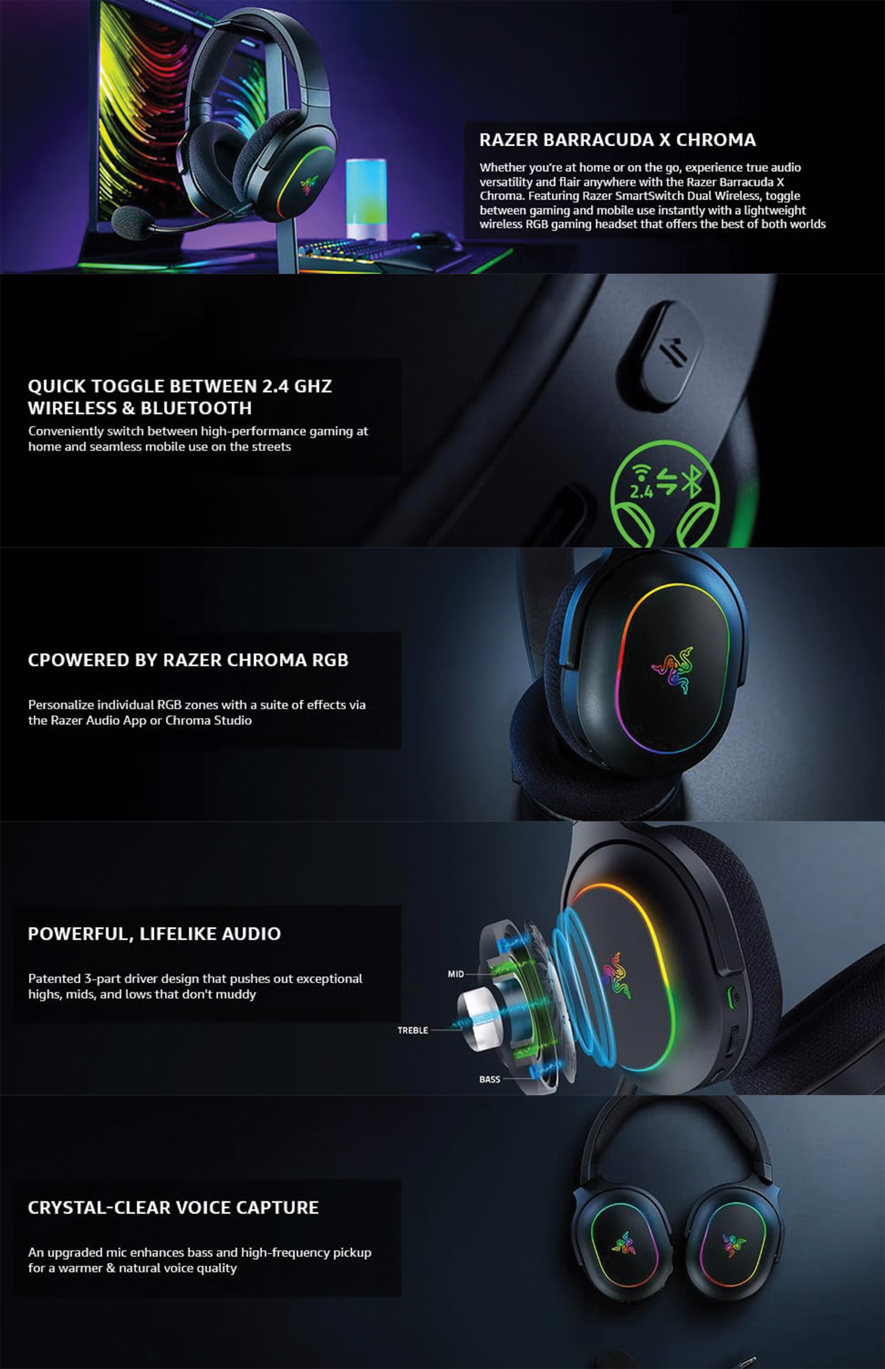 Razer Barracuda X Chroma wireless gaming headset in black showing 6-zone RGB lighting