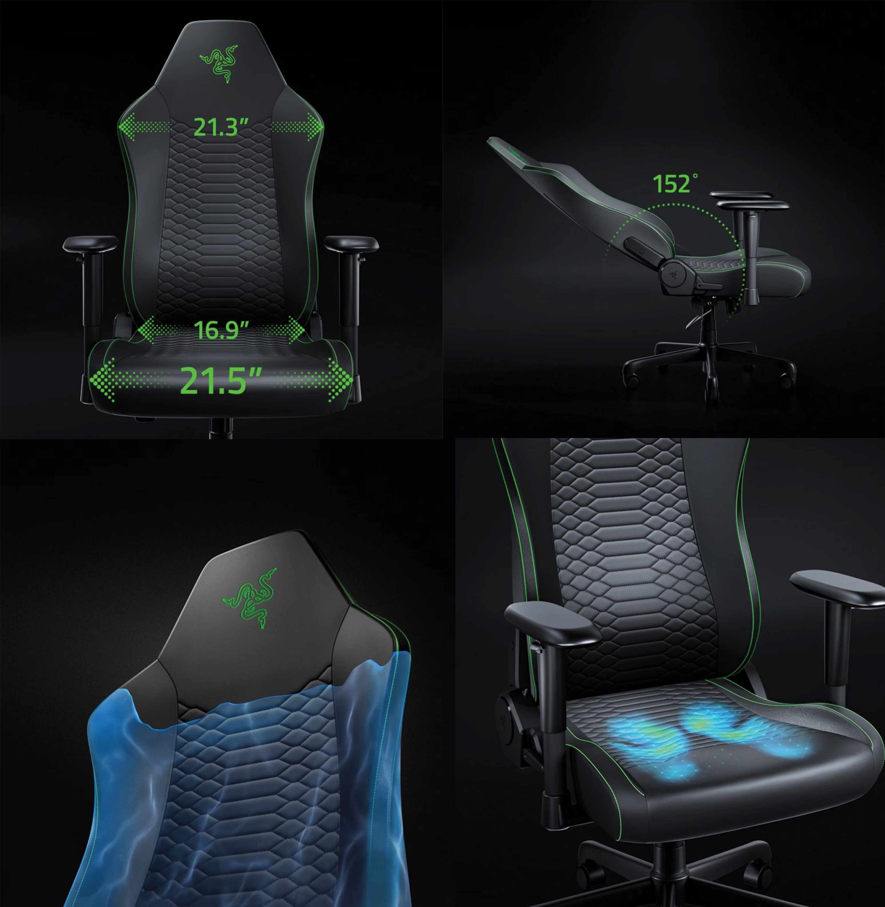 Razer Iskur V2 X NewGen Gaming Chair in Black/Green showing the iconic Razer logo and stitched accents.