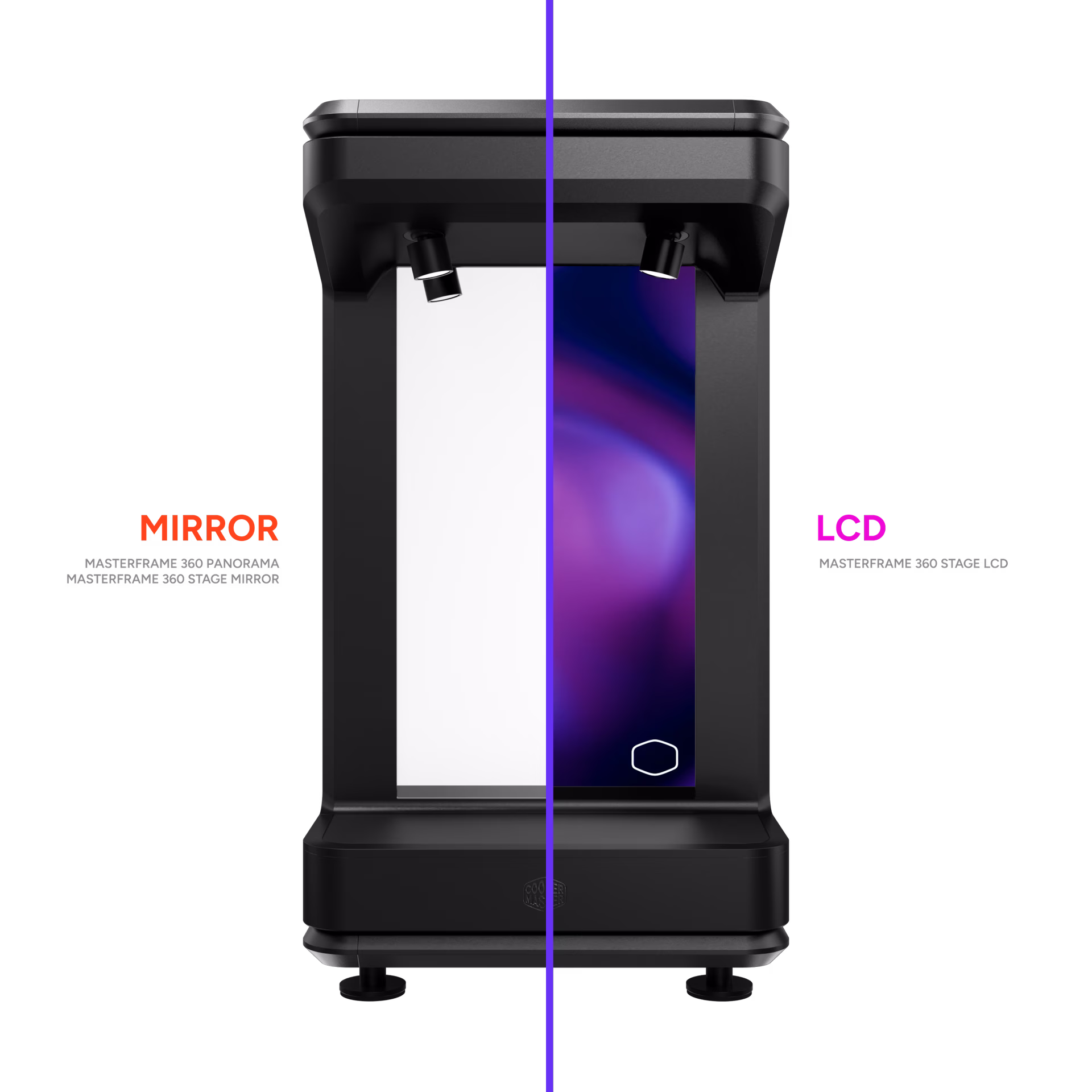 SHOWCASE WITHOUT COMPROMISE Cooler Master MasterFrame 360 extends the FreeForm 2.0 design philosophy into a visual-first, showcase-ready platform. Featuring Cooler Master’s signature aluminum exo-structure and a new central cable management chamber, it delivers clean builds that put hardware center stage. Available in three distinct models — PANORAMA, STAGE LCD, and STAGE MIRROR — the 360 series offers creators a refined platform to build, express, and be seen. product comparison lcd and mirror description image