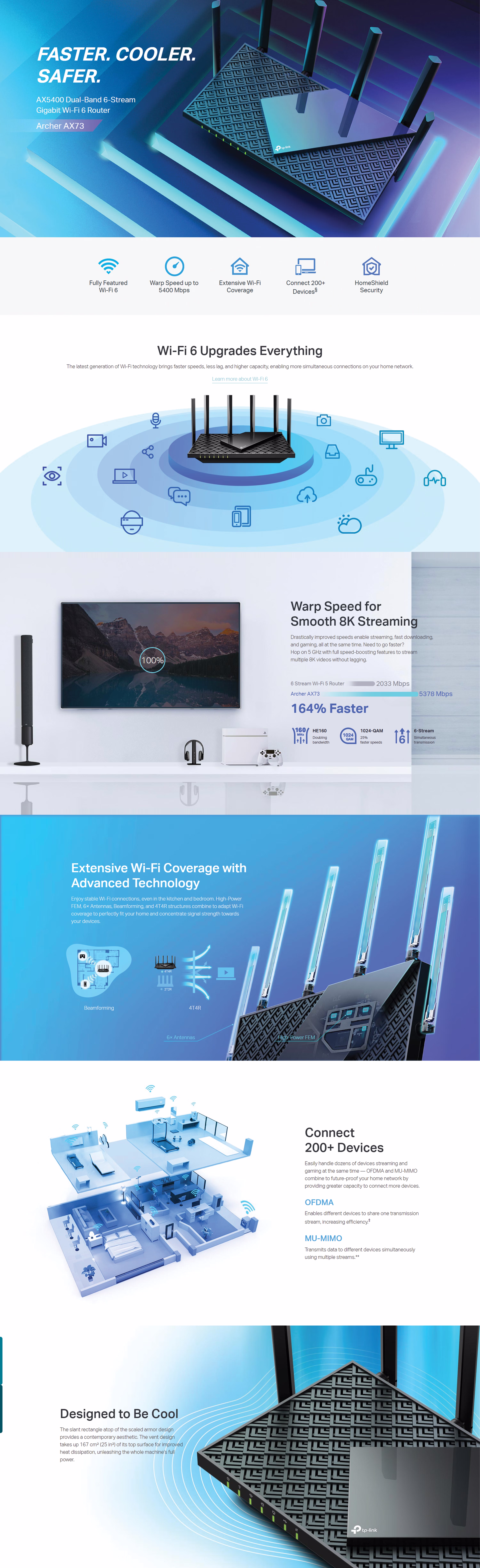 TP-Link Archer AX73 AX5400 Wi-Fi 6 router showing the sleek black chassis with scale-like ventilation and six high-performance antennas