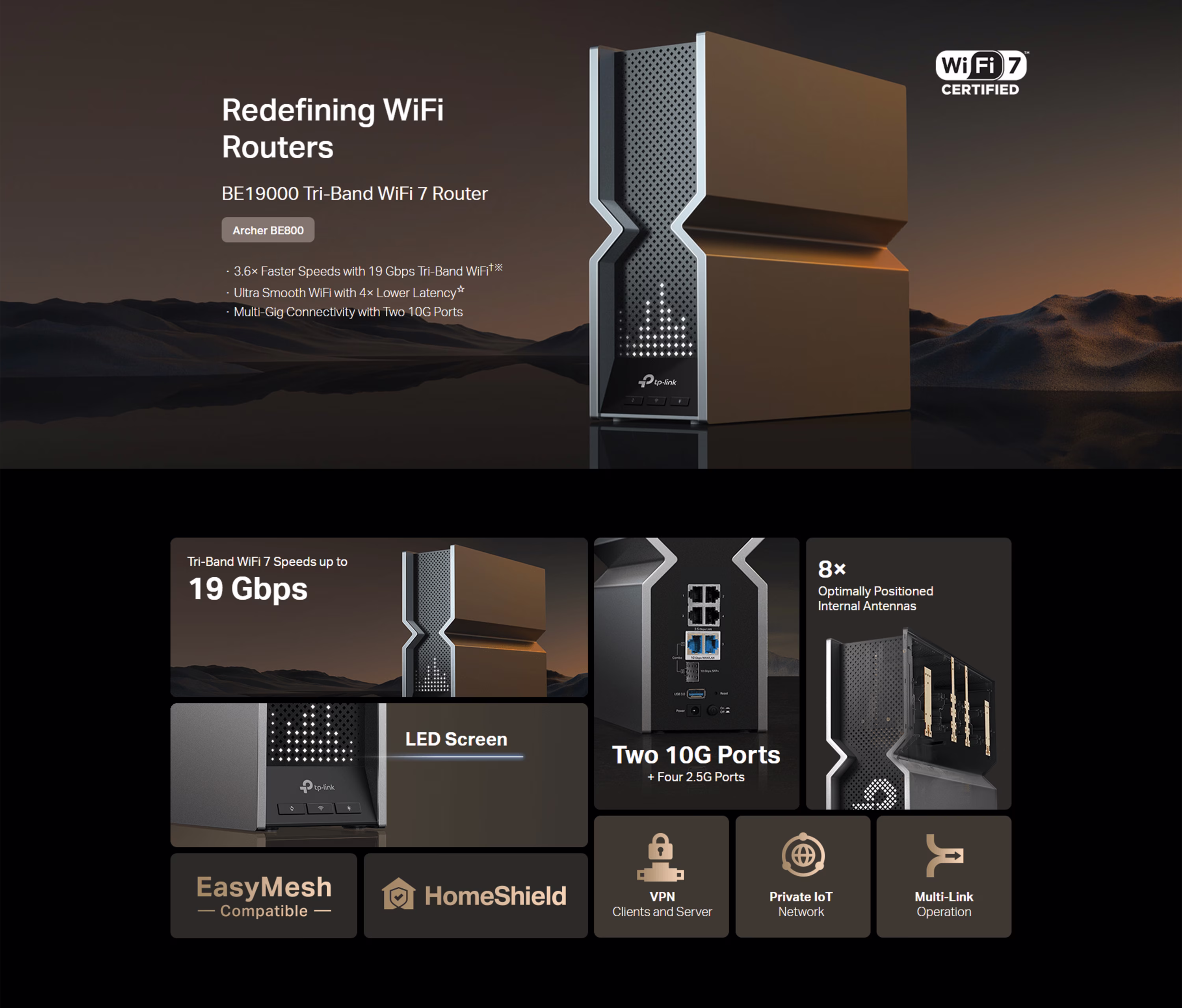 TP-Link Archer BE800 flagship Wi-Fi 7 tri-band wireless router featuring an interactive LED dot-matrix display and high-speed 10G ports.