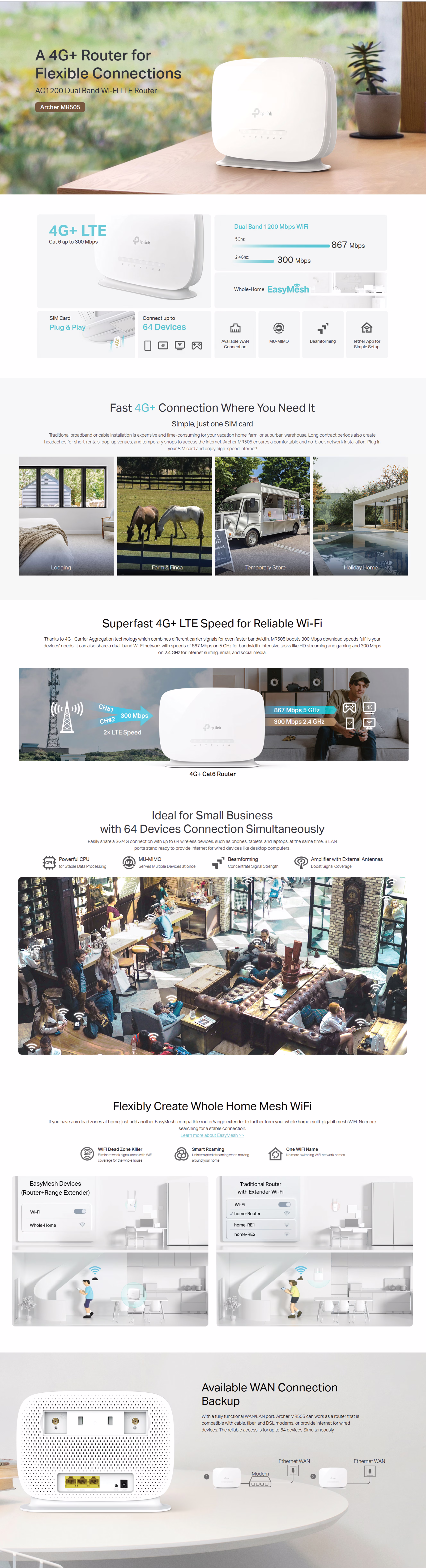 TP-Link Archer MR505 4G+ LTE AC1200 dual-band Wi-Fi router featuring gigabit ethernet ports and cellular antennas.
