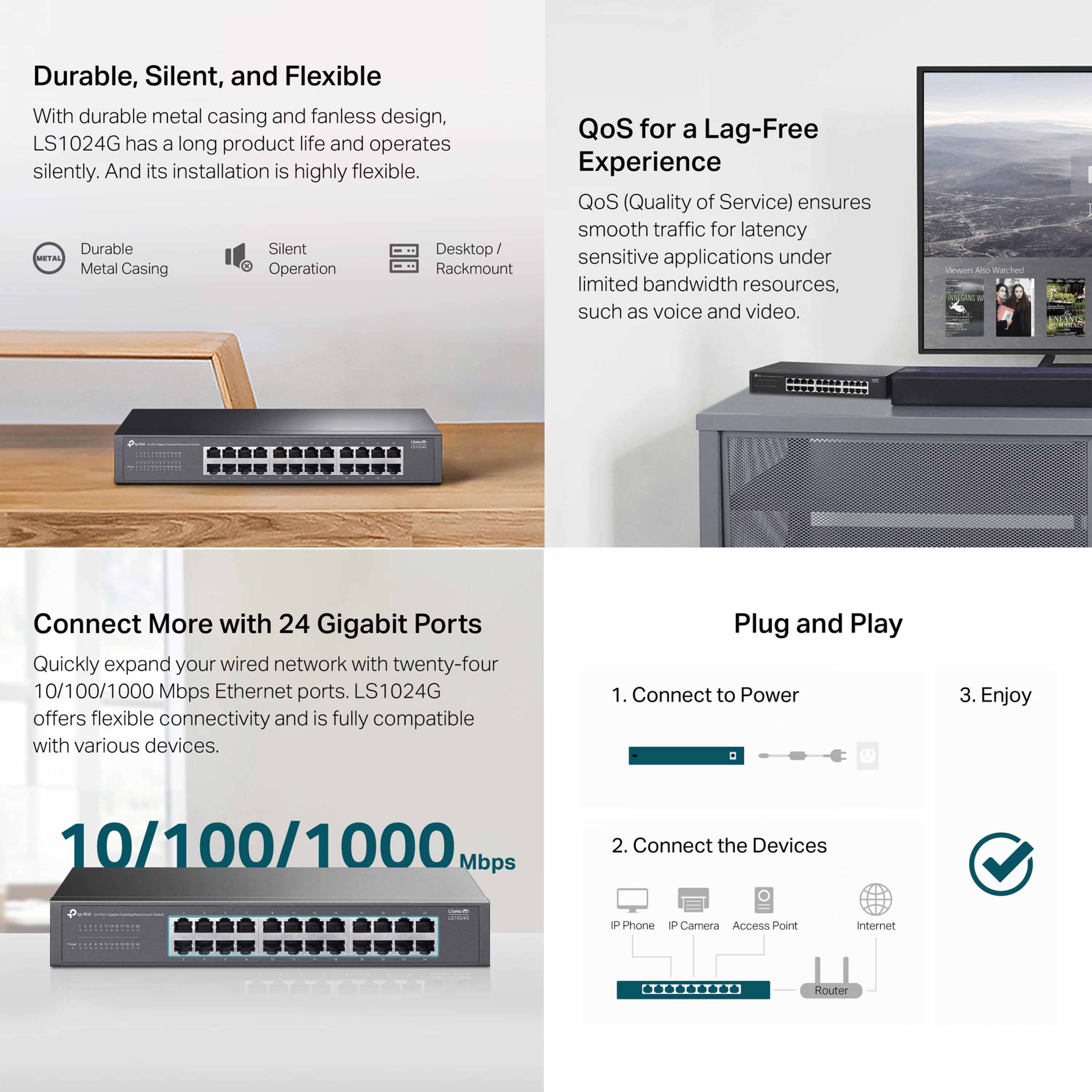 TP-Link LS1024G 24-port gigabit desktop rackmount network switch 48Gbps non-blocking steel housing fanless silent plug-and-play unmanaged business professional network switch