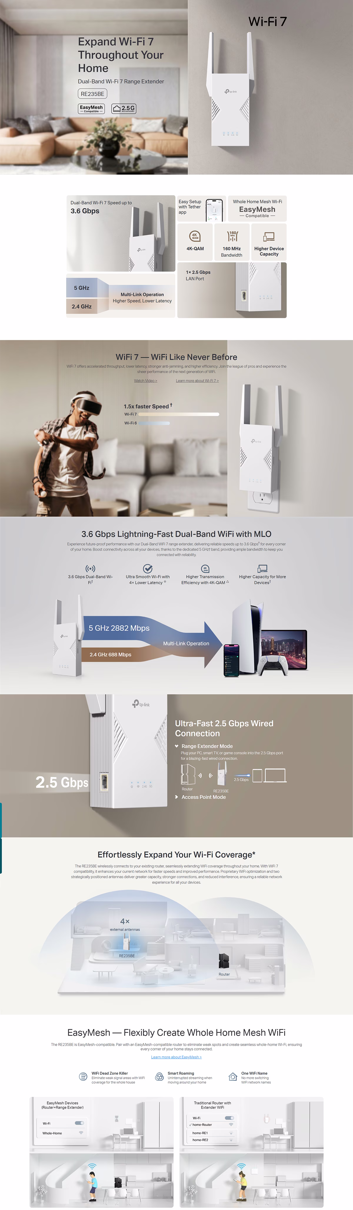 TP-Link RE235BE BE3600 Wi-Fi 7 dual-band range extender in white featuring the smart LED signal indicator ring