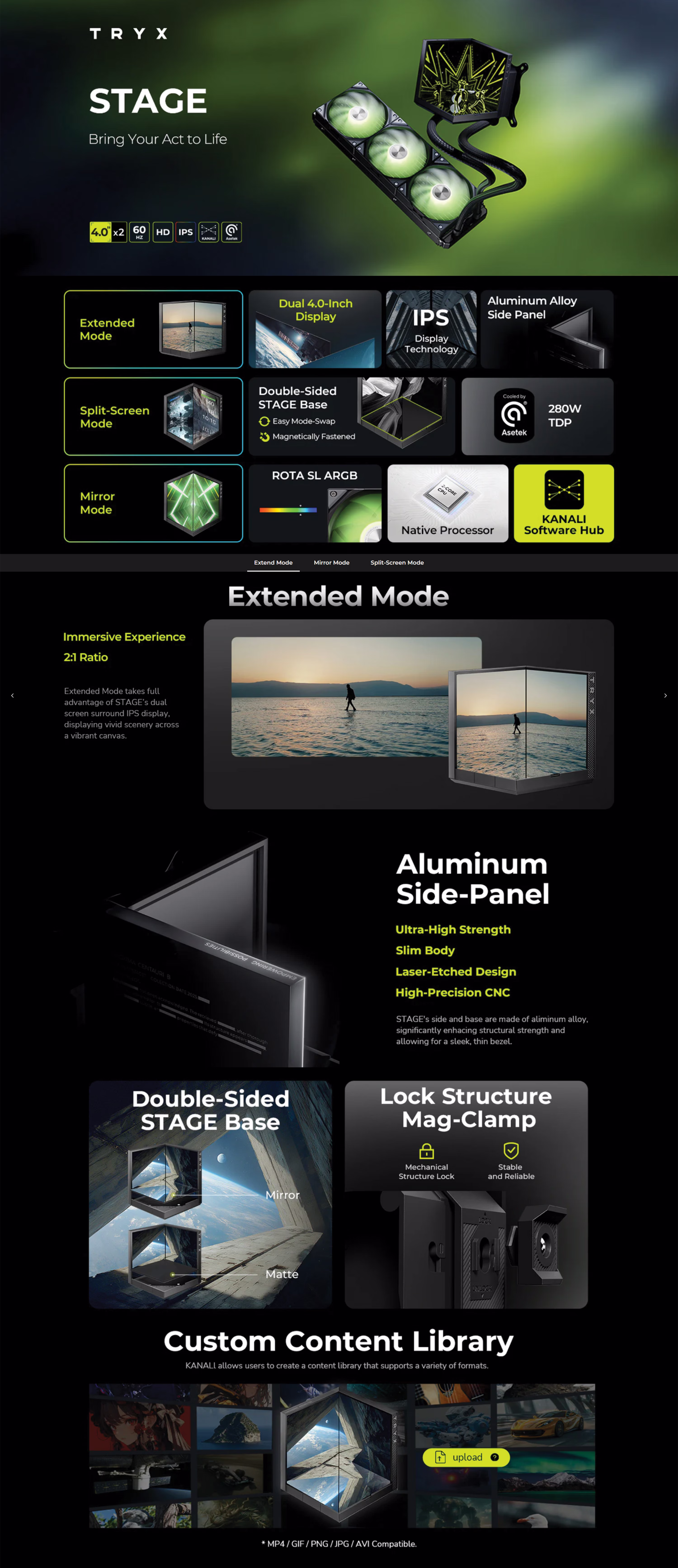 TRYX STAGE ARGB 360mm Liquid Cooler in Black featuring a 4.0 inch dual screen on the pump block and three ARGB fans.