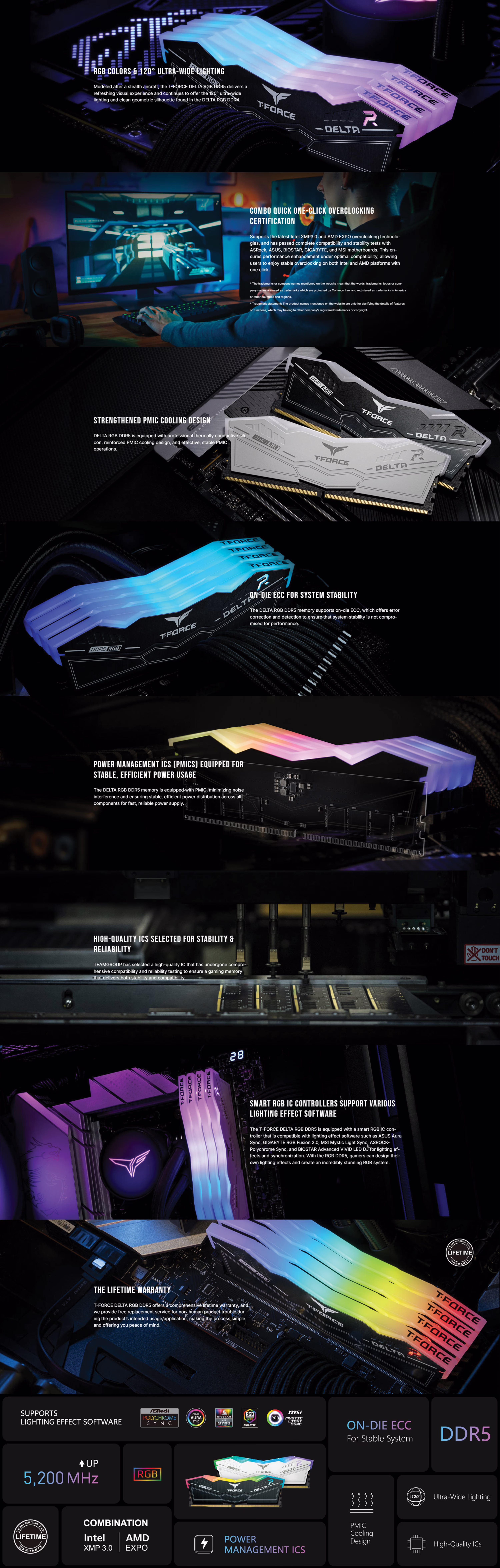 TeamGroup T-Force Delta RGB Black 16GB single DDR5 memory module at 6000MHz, showcasing its stealth black aluminum heat spreader and 120-degree ultra-wide RGB lighting