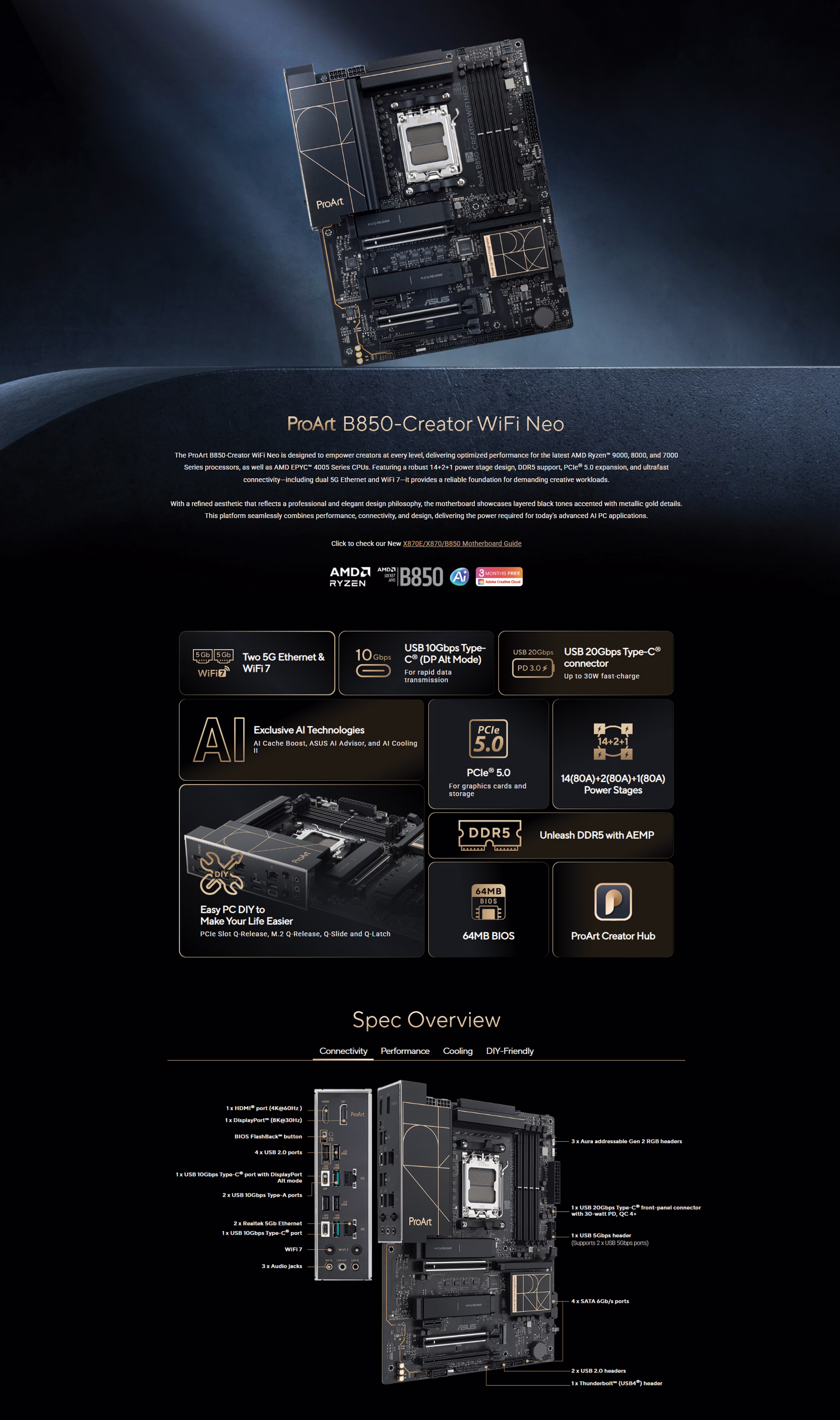 The ASUS PROArt B850-CREATOR WIFI NEO is a professional-grade, high-performance ATX motherboard engineered for advanced content creators product overview