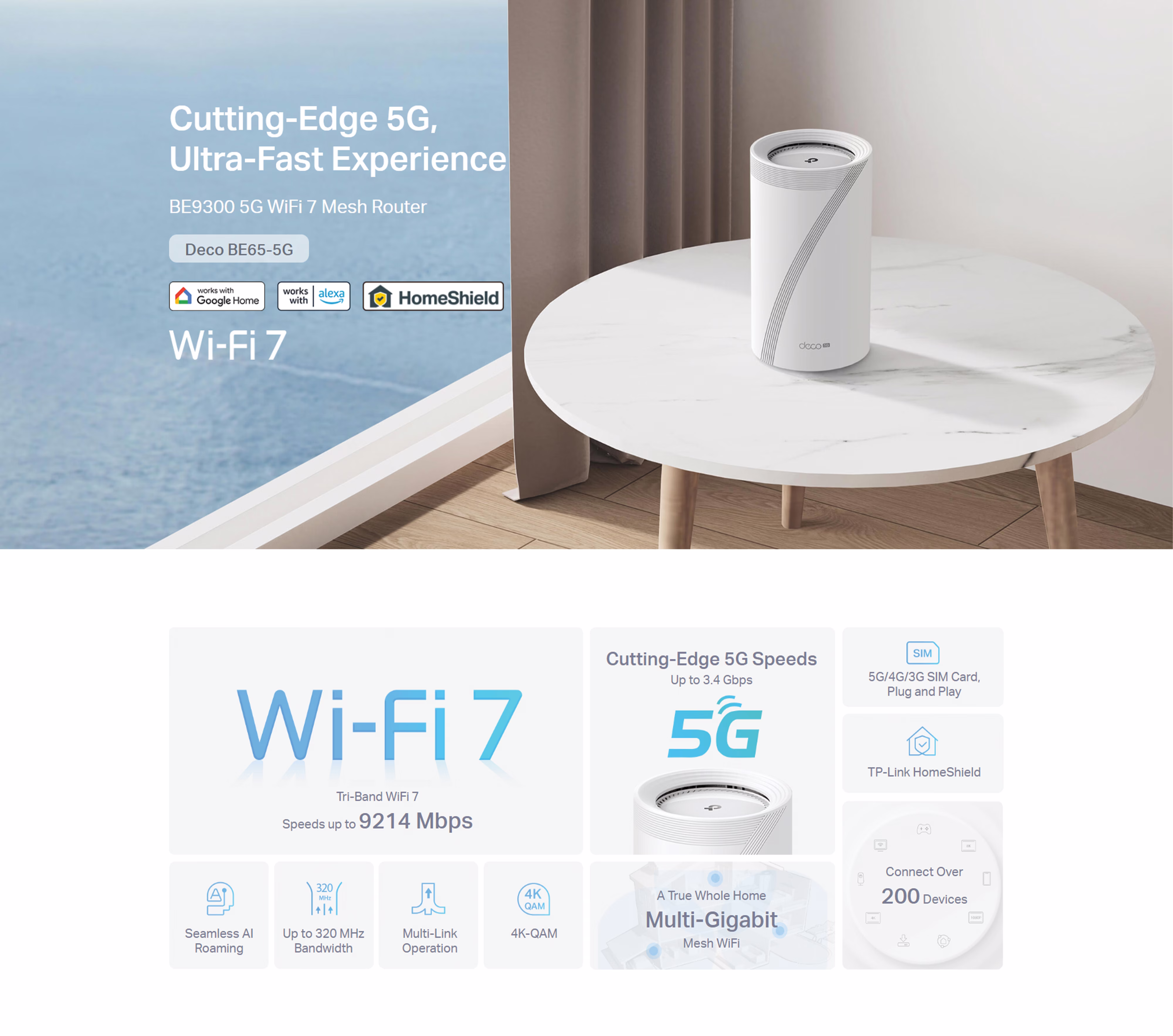 The Deco BE65-5G mesh unit placed on a modern shelf, providing high-speed WiFi 7 coverage in a living room.