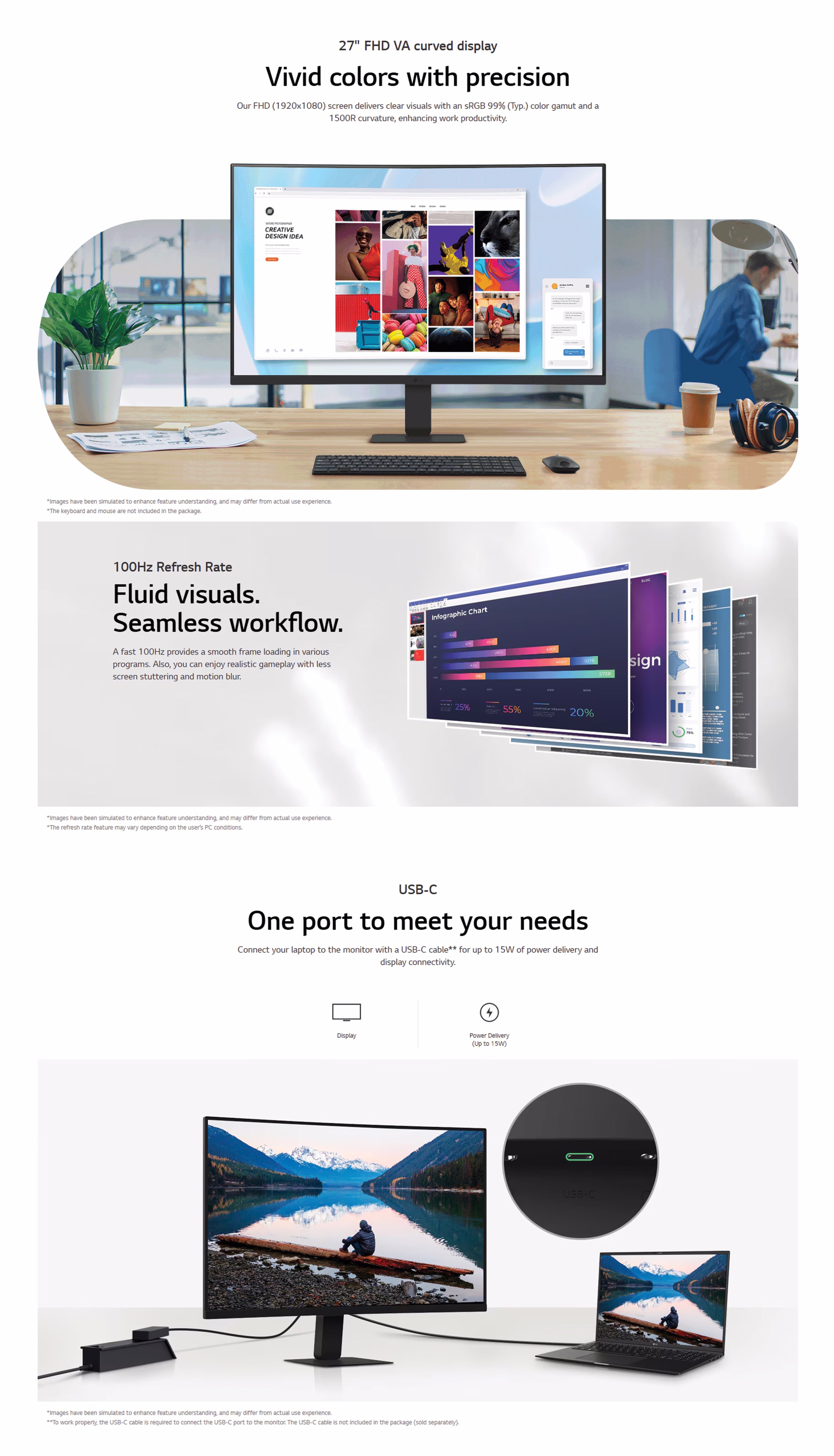 The LG 27-inch curved monitor setup on a modern desk with a laptop connected via a single USB-C cable.