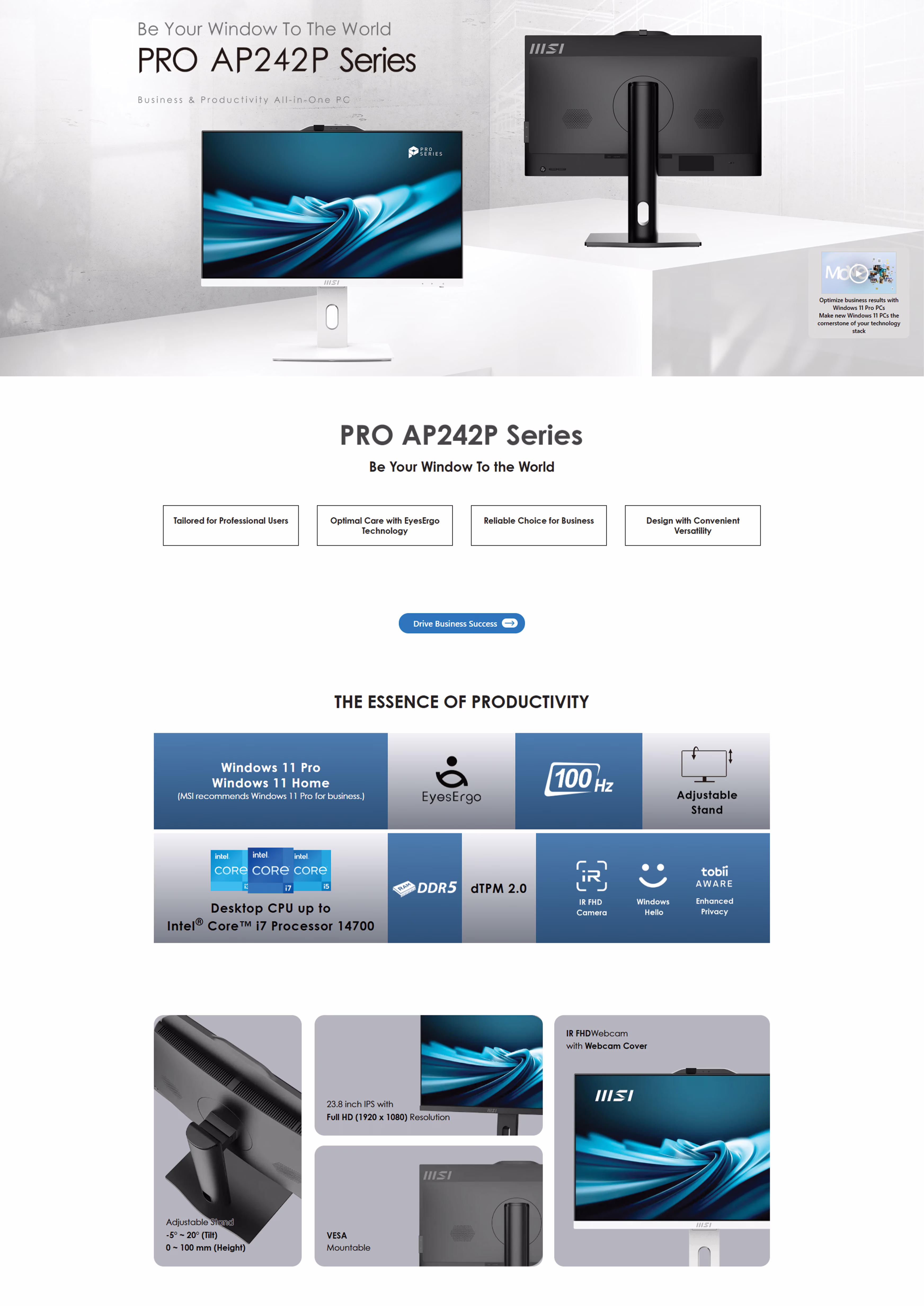 The MSI PRO AP242P on a clean office desk with the included wireless keyboard and mouse