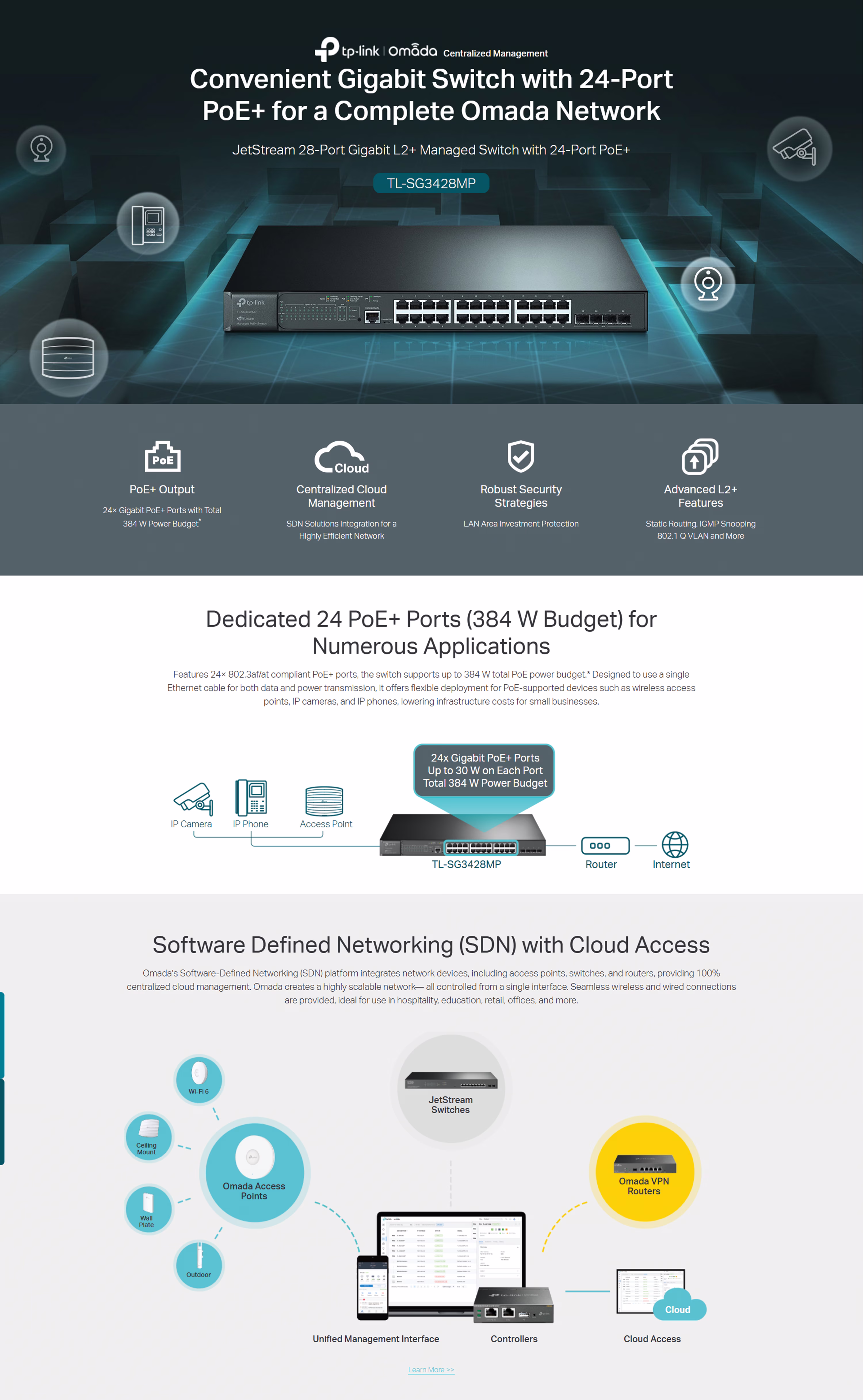 The TL-SG3428MP installed in a 19-inch network rack, powering a suite of IP cameras and access points.