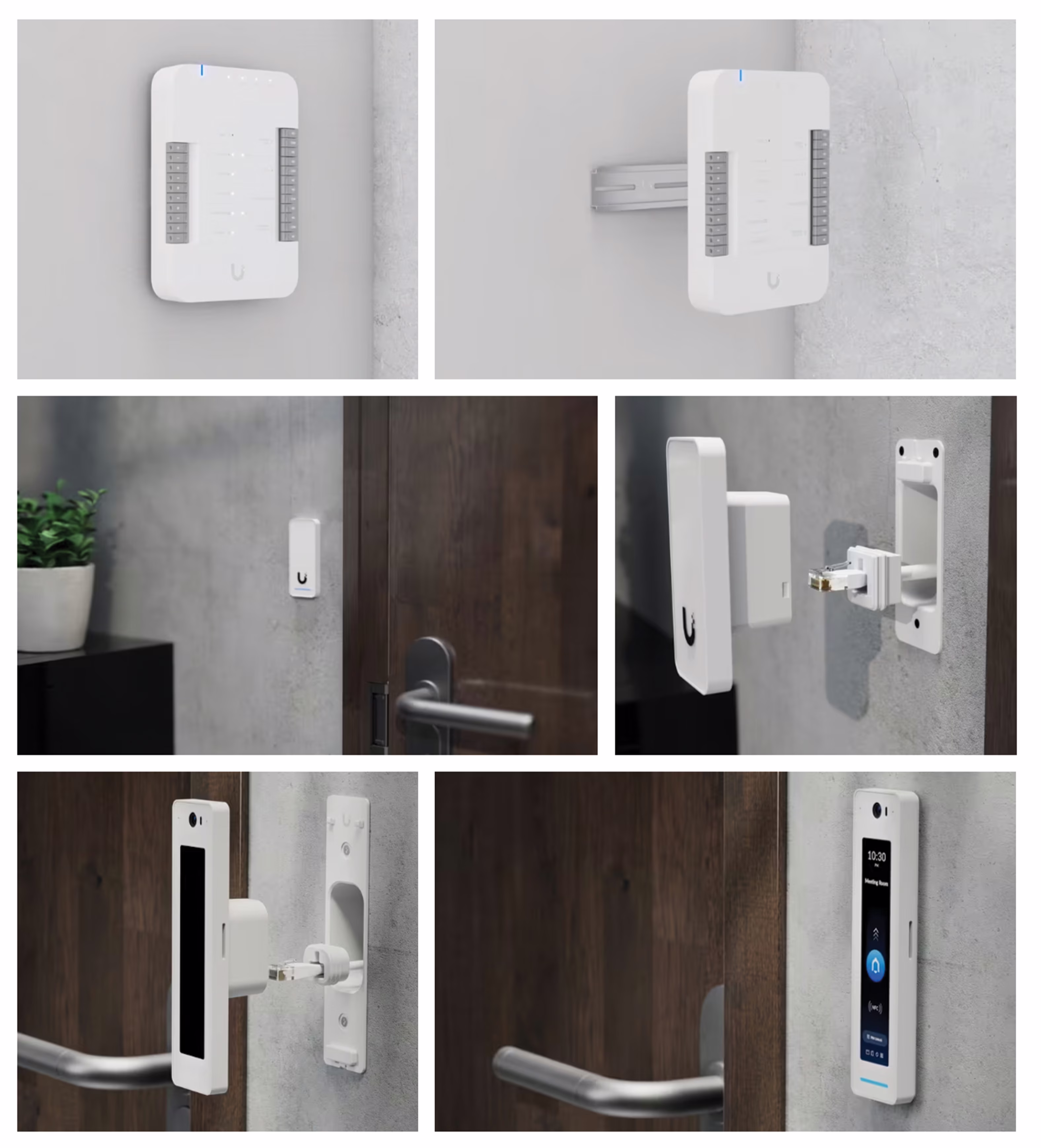 The UniFi Access Door Hub mounted on a DIN-rail, showcasing the professional cable management layout