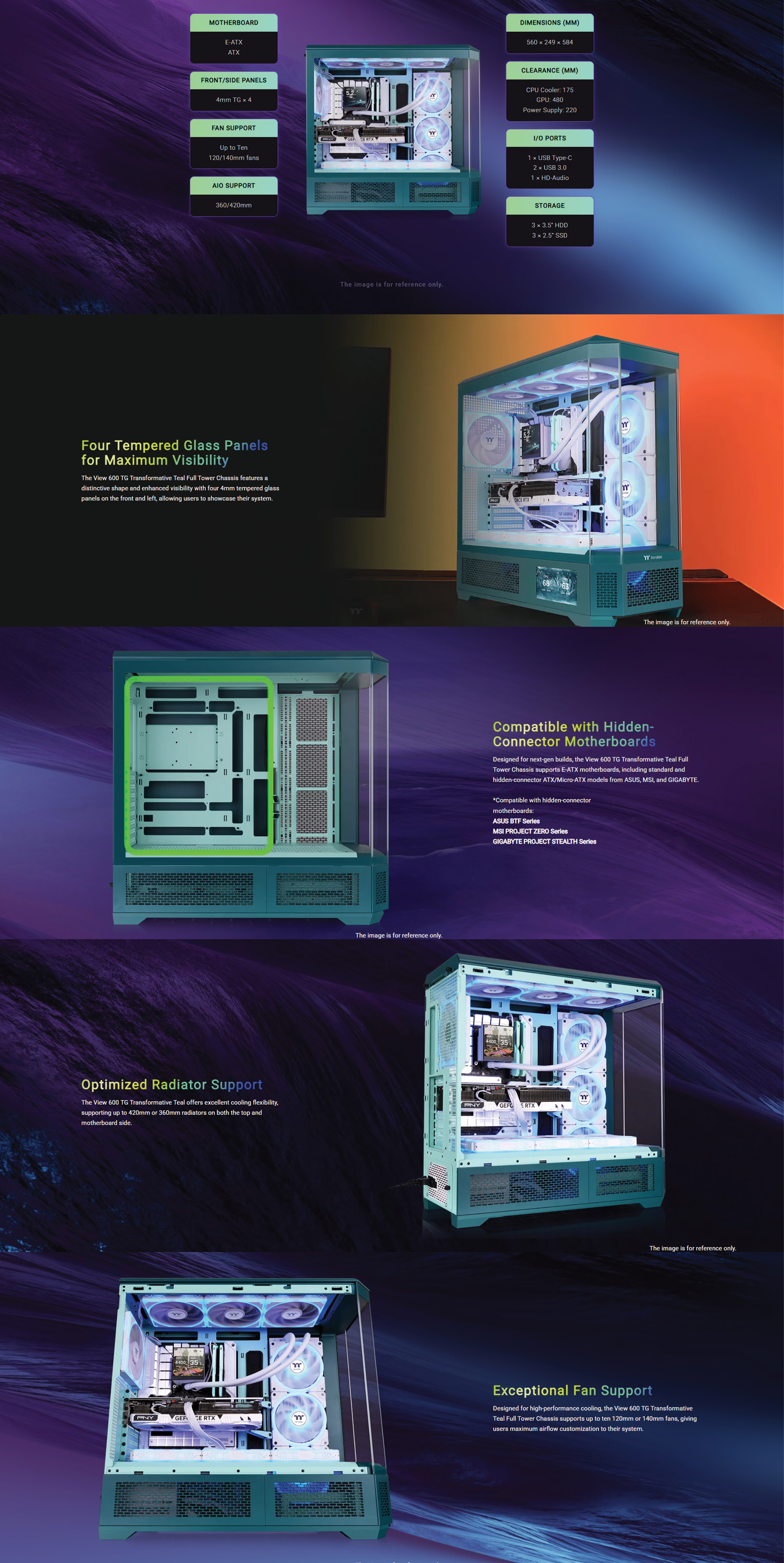 Thermaltake The Tower 600 Full Tower octagonal PC case in Transformative Teal featuring three tempered glass panels.