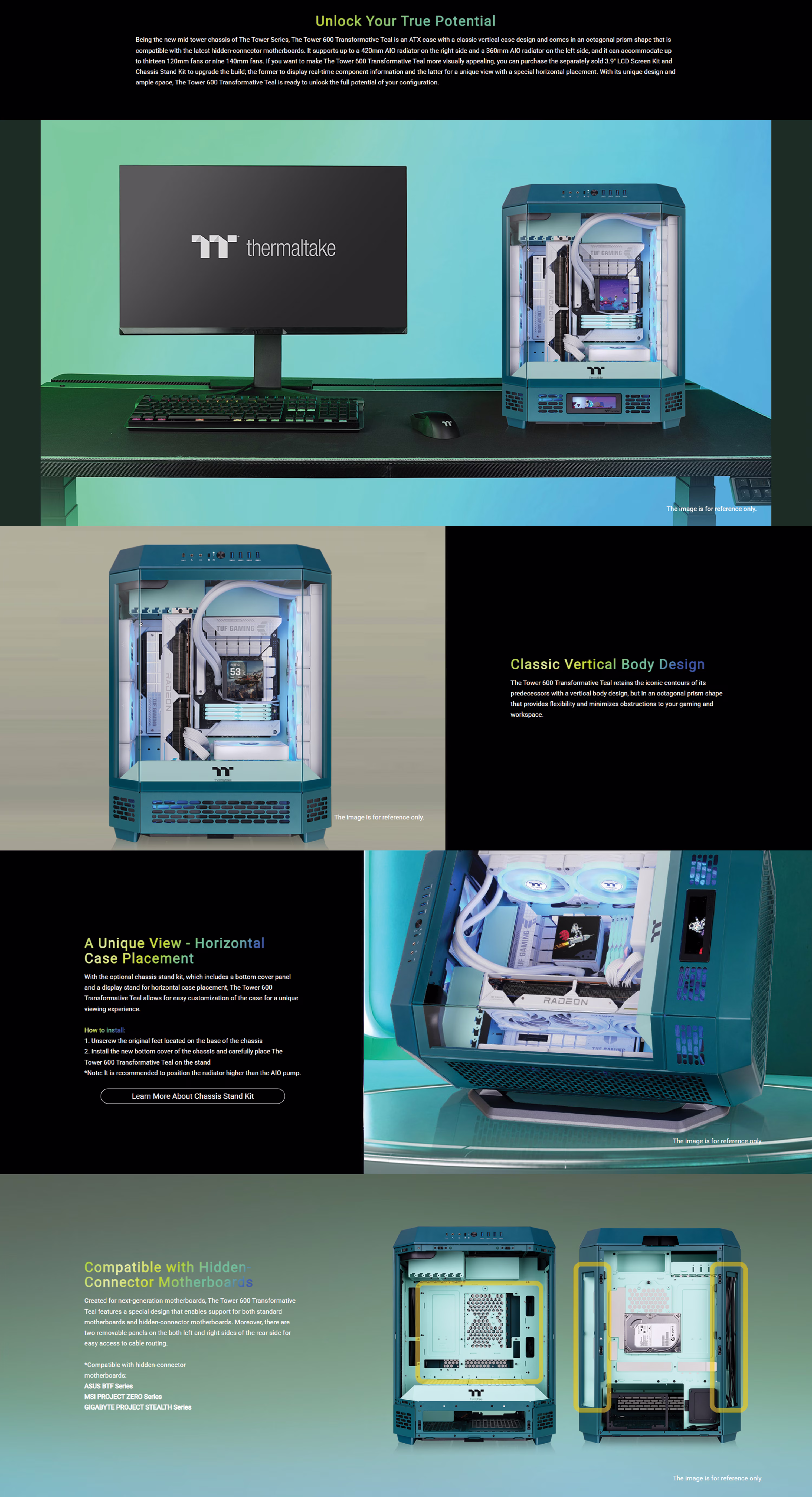 Thermaltake The Tower 600 Mid Tower octagonal PC case in Transformative Teal featuring three tempered glass panels.