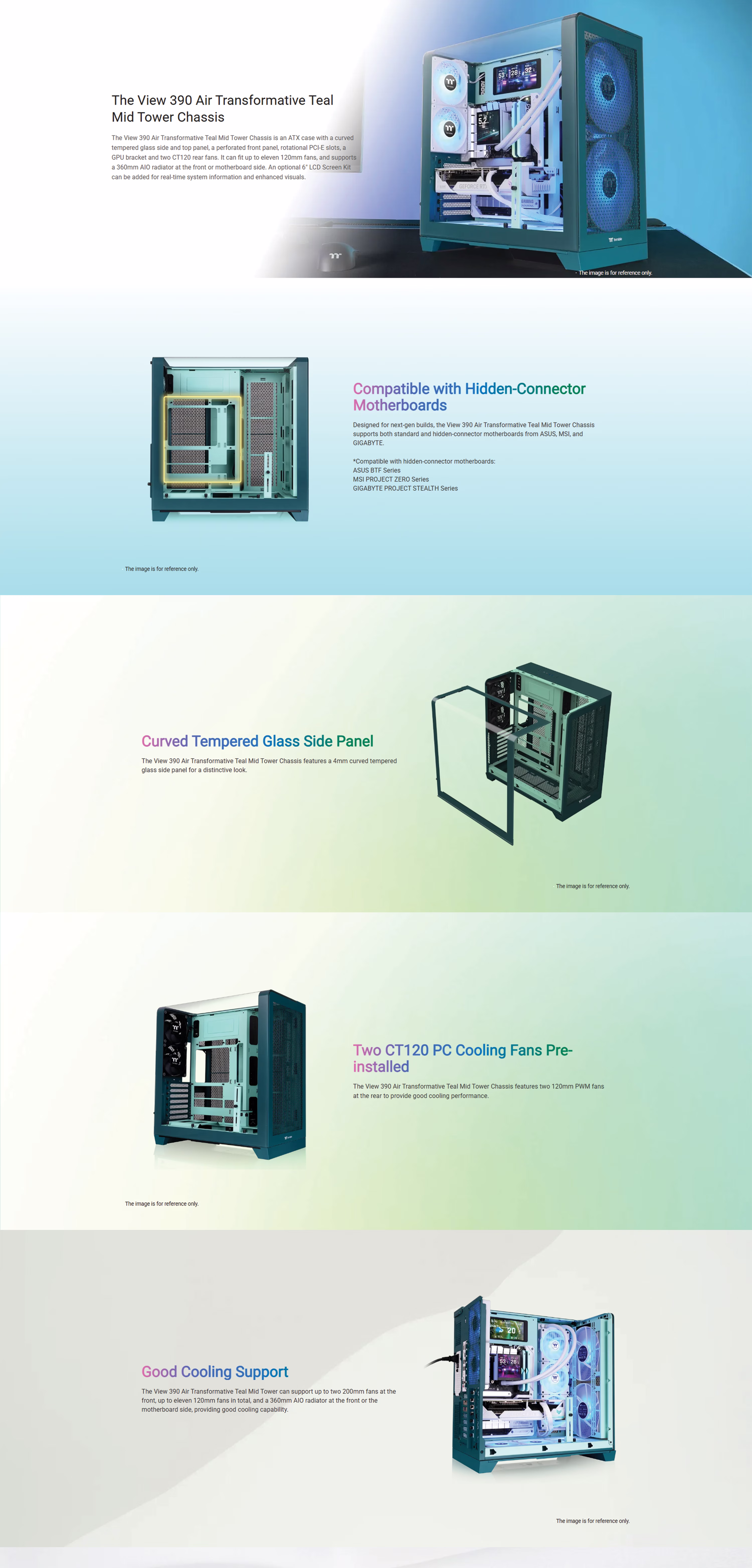 Thermaltake View 390 Air Mid Tower ARGB PC case in Transformative Teal featuring curved tempered glass.