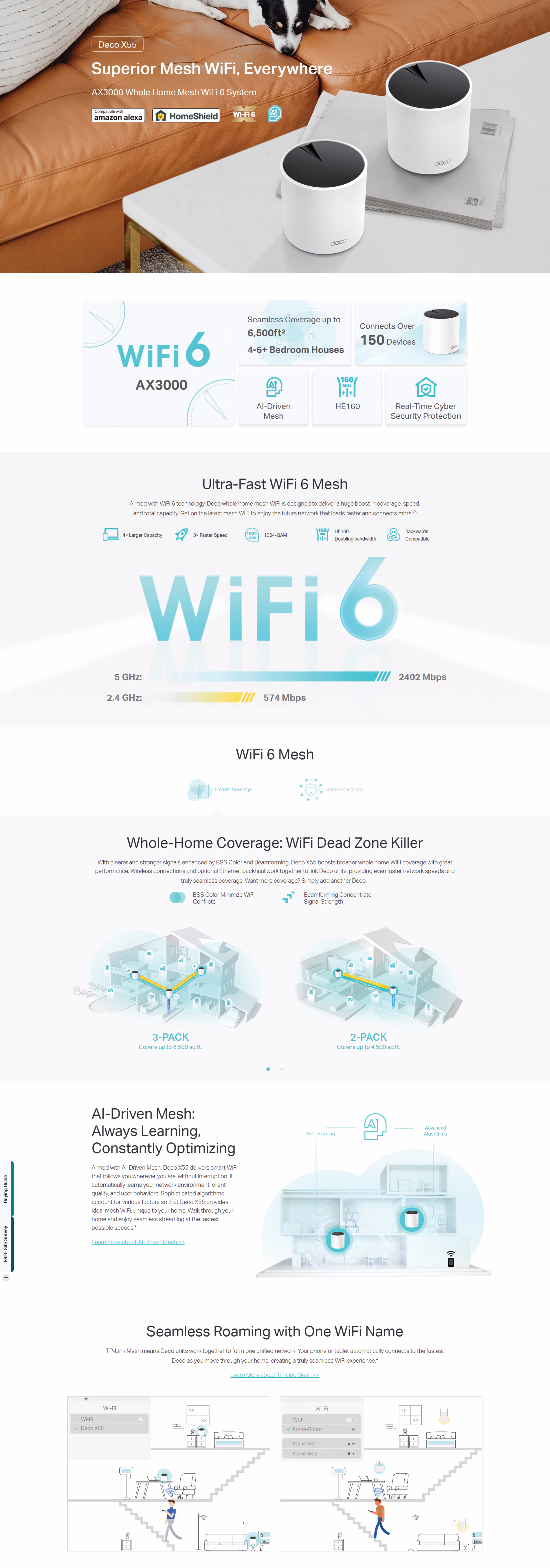 Three TP-Link Deco X55 AX3000 mesh Wi-Fi 6 units featuring a sleek cylindrical white design with black tops