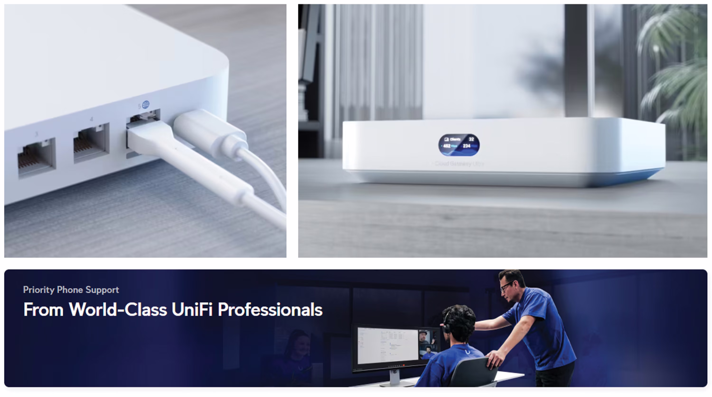 Ubiquiti UniFi Cloud Gateway Ultra UCG-Ultra in white showing the front 0.96-inch LCM status display screen
