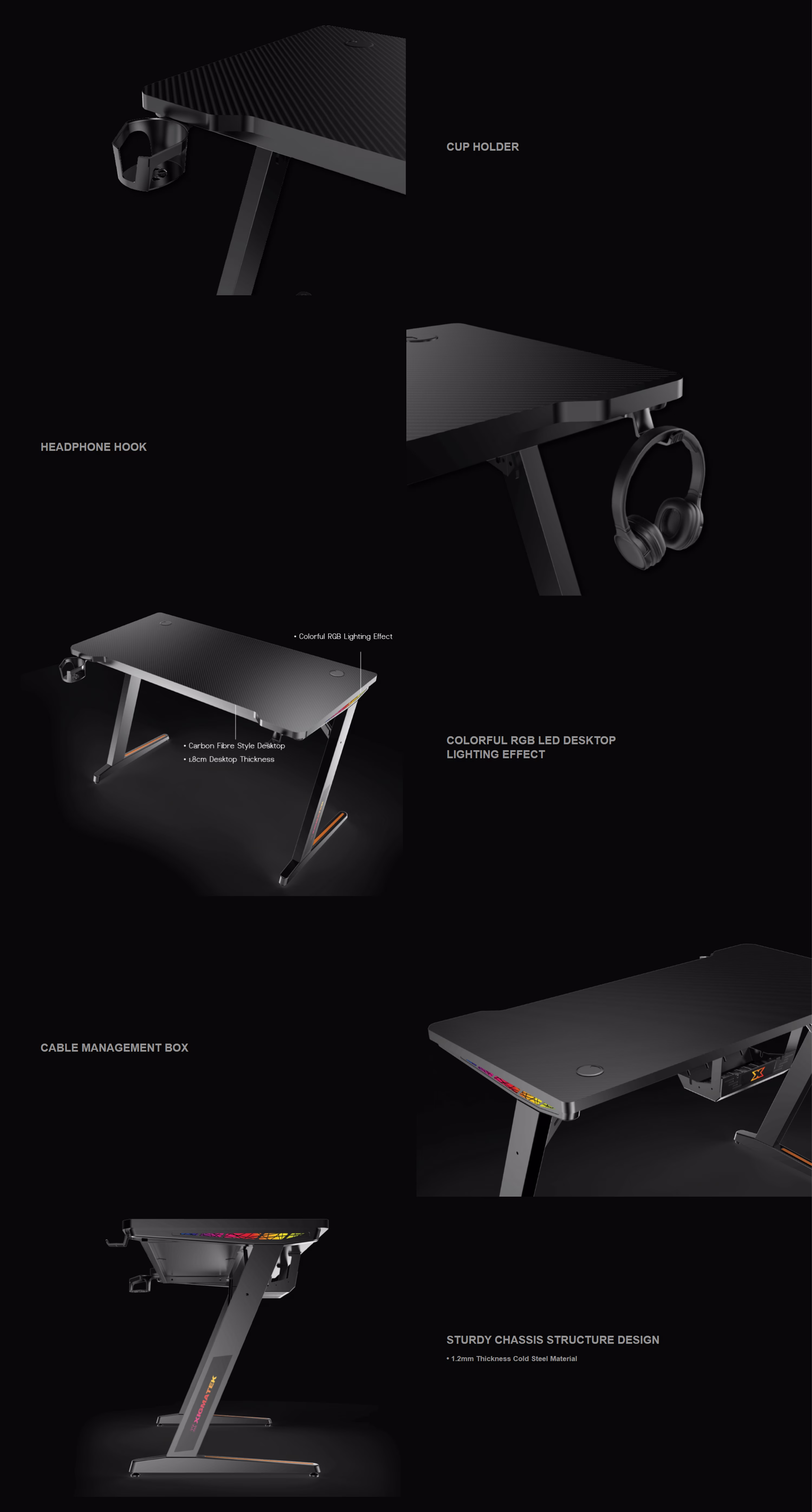 XIGMATEKAPEXTWORGBGAMINGDESK120X60X1.8CMCARBONFIBERTEXTURESURFACEREINFORCEDSTEELFRAMECABLEMANAGEMENTEN46850UAEOBT