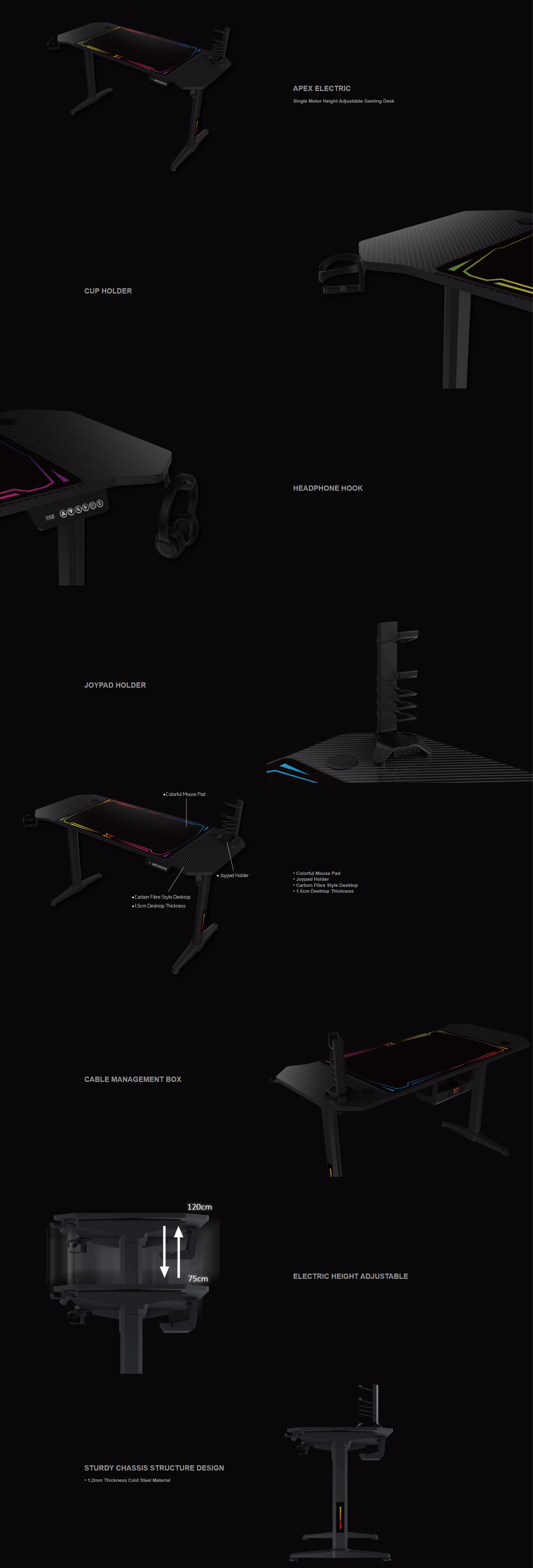 Xigmatek Apex Electric single motor height adjustable standing desk EN48908 motorized sit-stand ergonomic gaming home office workstation memory presets anti-collision