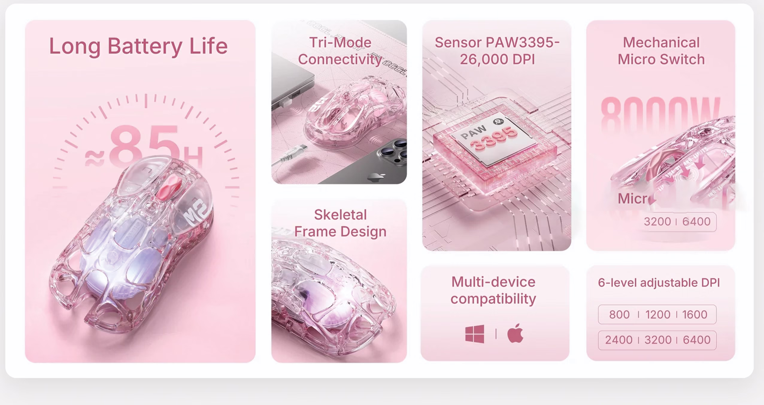 GravaStar Mercury M2 wireless gaming mouse in Crystal Rose showing the translucent pink hollowed-out chassis  