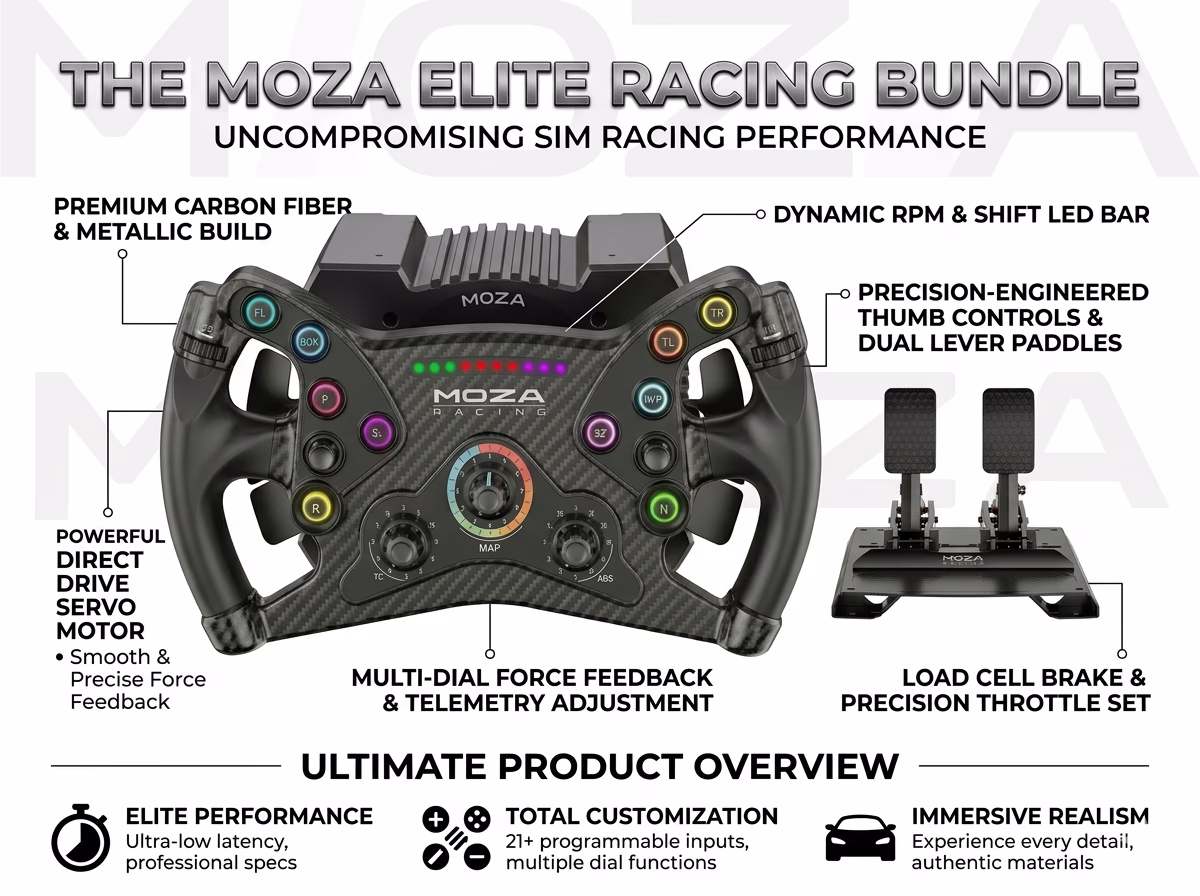The MOZA R9 V3 direct drive base with the KS GT wheel attached and the CRP2 load cell pedals in the foreground.