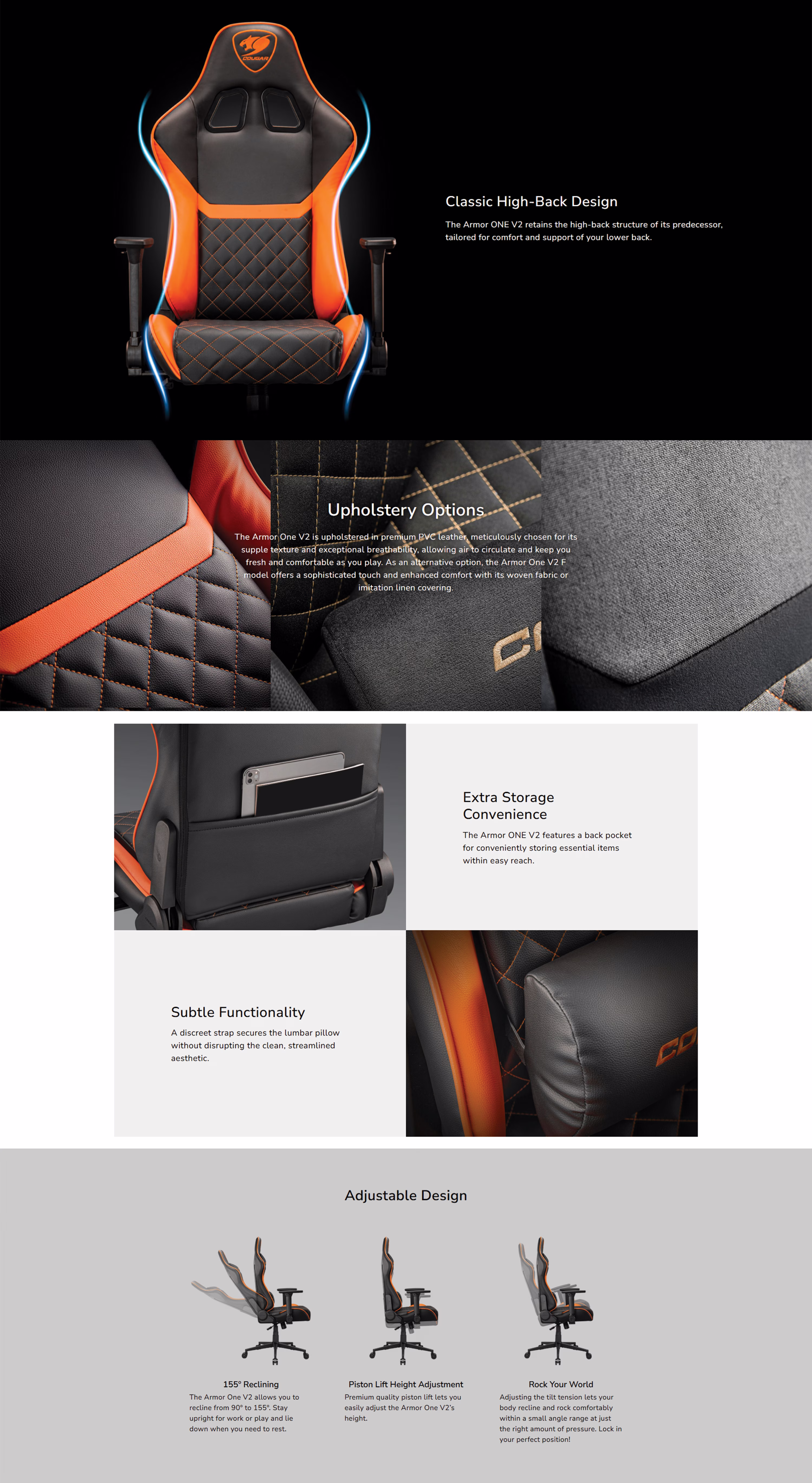 Cougar Armor One V2 Gold premium gaming chair featuring black and gold design, steel frame, and adjustable ergonomic pillows.