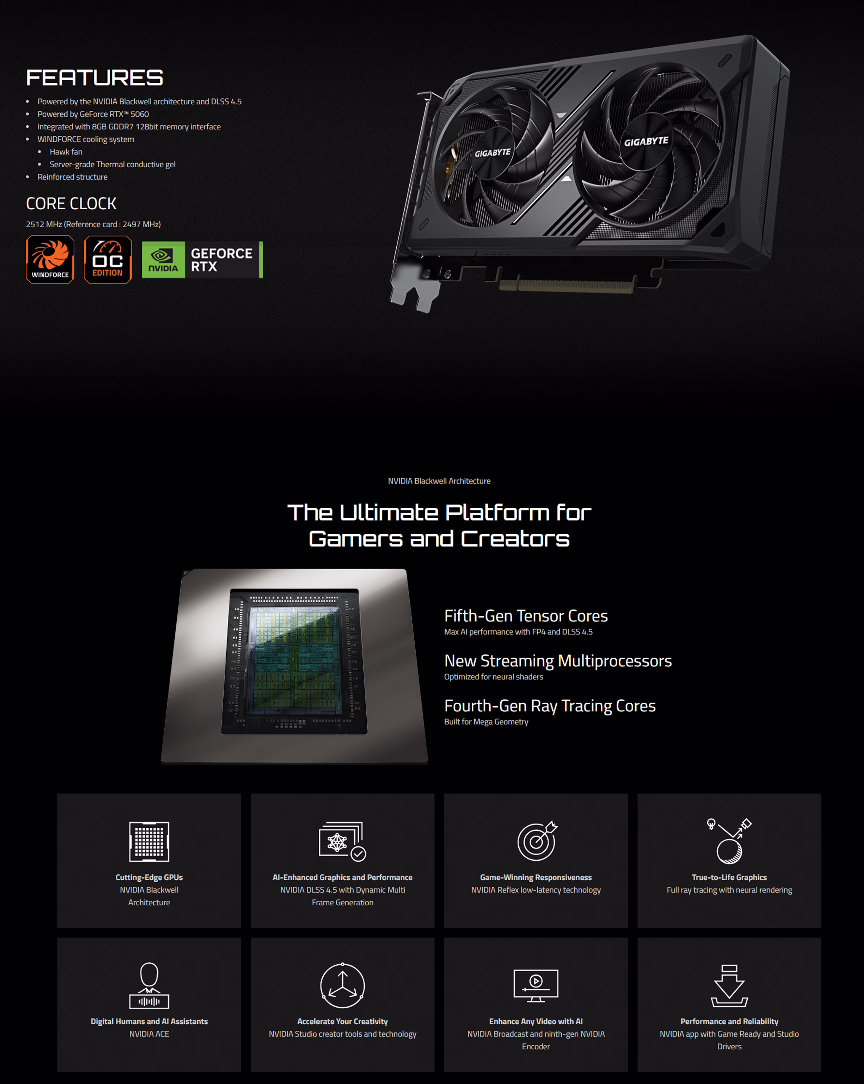 GIGABYTE NVIDIA GeForce RTX 5060 WINDFORCE MAX OC 8GB graphics card front view showing dual Hawk Fans