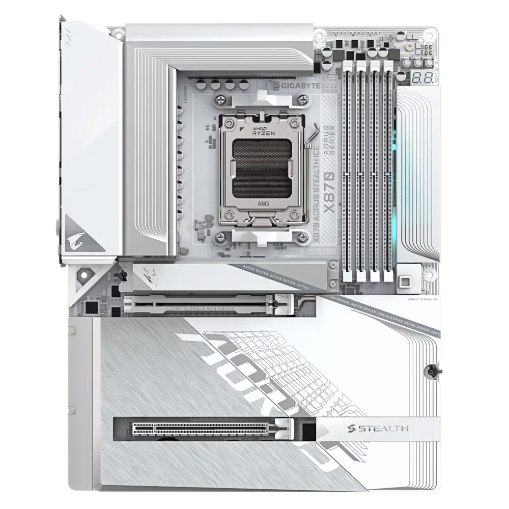 GIGABYTE X870 AORUS Stealth ICE AMD AM5 Motherboard, ATX, DDR5, 4X M.2, PCIe 5.0, 2xUSB-4,USB-C, WIFI7, 5GbE LAN, EZ-Latch thumbnail 2