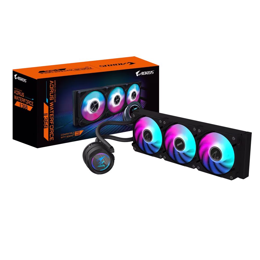 GIGABYTE AORUS WATERFORCE II 360, AIO Liquid Cooler With ARGB Fans, 360mm, Rotatable Water Block, Intel 115x,1200,1700 AMD AM5, AM4, Black | AORUS-WATERFORCE-II-360 image