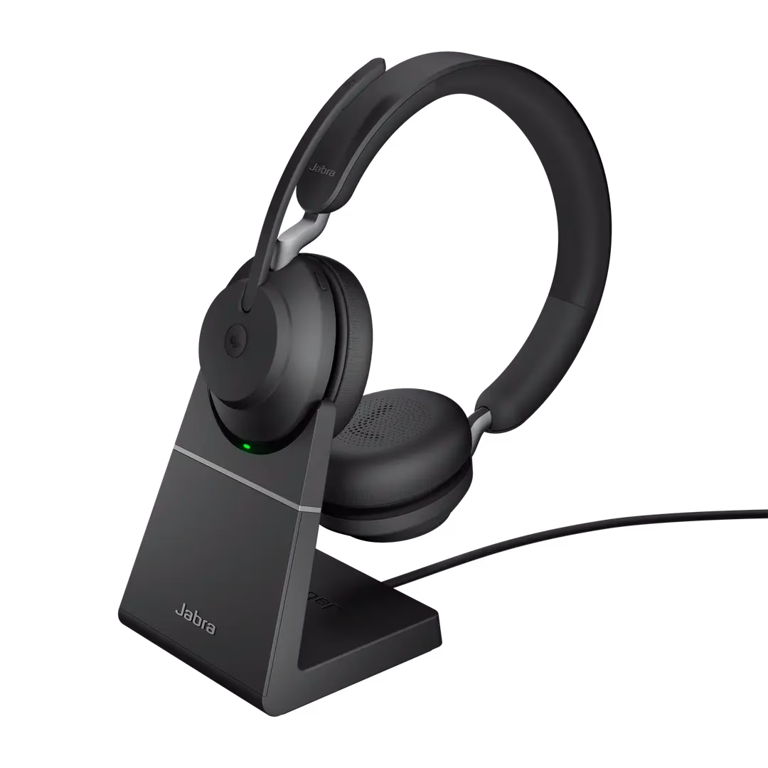 Jabra Evolve2 65 Wireless PC Headset with Charging Stand, Noise Cancelling Microsoft Teams Certified Stereo Headphones With Long-Lasting Battery, USB-A Bluetooth Adapter | 26599-999-989 – Buy Online