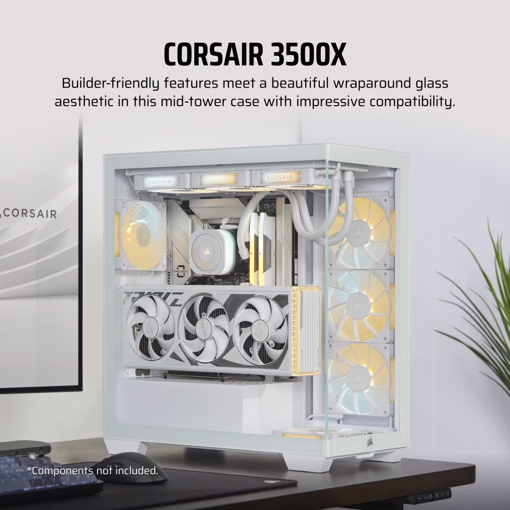 Corsair 3500X Mid-Tower Computer Case, Compatible With Hidden Connector MOBO's, Up to 360mm Radiator & 10x Fan Support, Tempered Glass Case Window, 1x Type-C, 2x Type-A & Audio In/Out Interface, White | CC-9011277-WW thumbnail 4