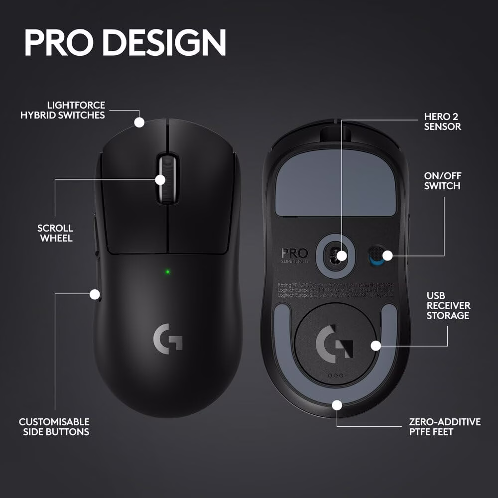 Logitech G PRO X SUPERLIGHT 2 LIGHTSPEED Wireless Gaming Mouse, Lightweight, LIGHTFORCE Hybrid Switches, HERO 2 Sensor, 32,000 DPI, 5 Programmable Buttons, USB-C Charging, PC & Mac - Black thumbnail 5