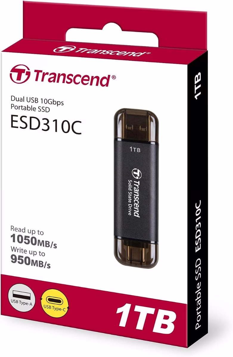 Transcend ESD310C Portable SSD, 3D NAND Flash, 1 TB Capacity, Up to 1050 MB/s Read Speed & 950 MB/s Write Speed, 10Gbps Connection Interface, Black | ESD310C image
