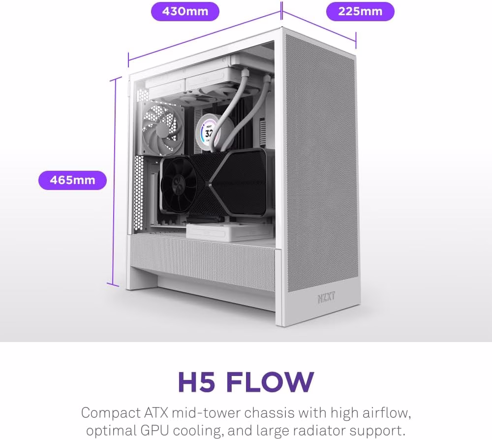 NZXT H5 Flow 2024 - Compact ATX Mid-Tower PC Gaming Case - High Airflow - 2 x 120mm Fans Included - 360mm Front & 240mm Top Radiator Support - Cable Management System - Tempered Glass - White | CC-H52FW-01 thumbnail 2