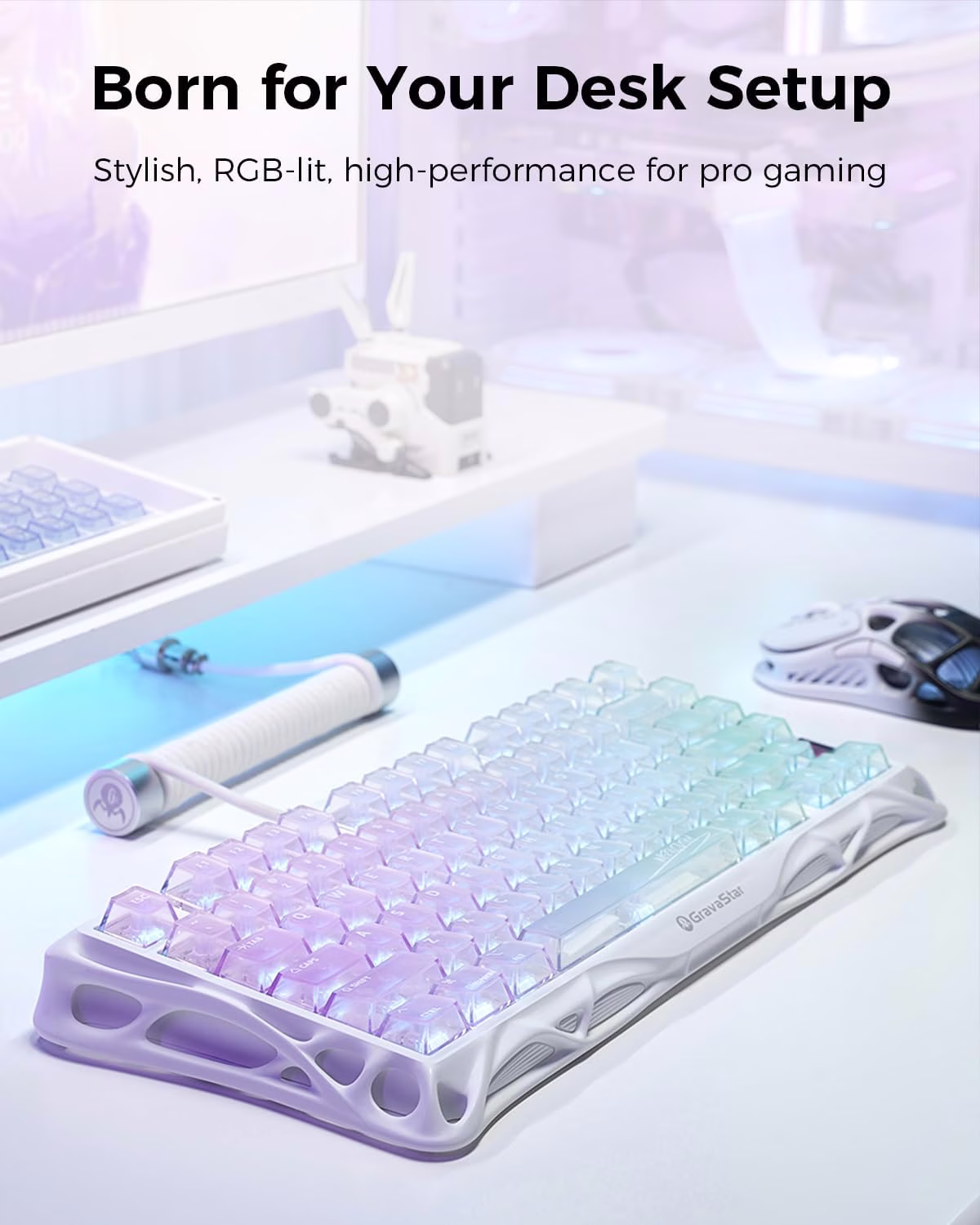 GravaStar Mercury K1 Lite 75% Gaming Keyboard, 80 Keys, Hot-Swappable, RGB Lighting, Full N-Key Rollover, Programmable Keys, Tri-Mode Connectivity, 4000mAh Battery, Crystal Aurora | GS K1 LITE_XTAL_AUROA thumbnail 7